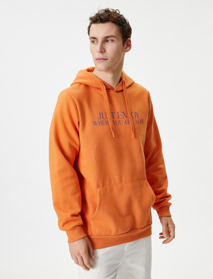  Slogan Baskılı Hoodie Kanguru Cep Detaylı Uzun Kollu Şardonlu