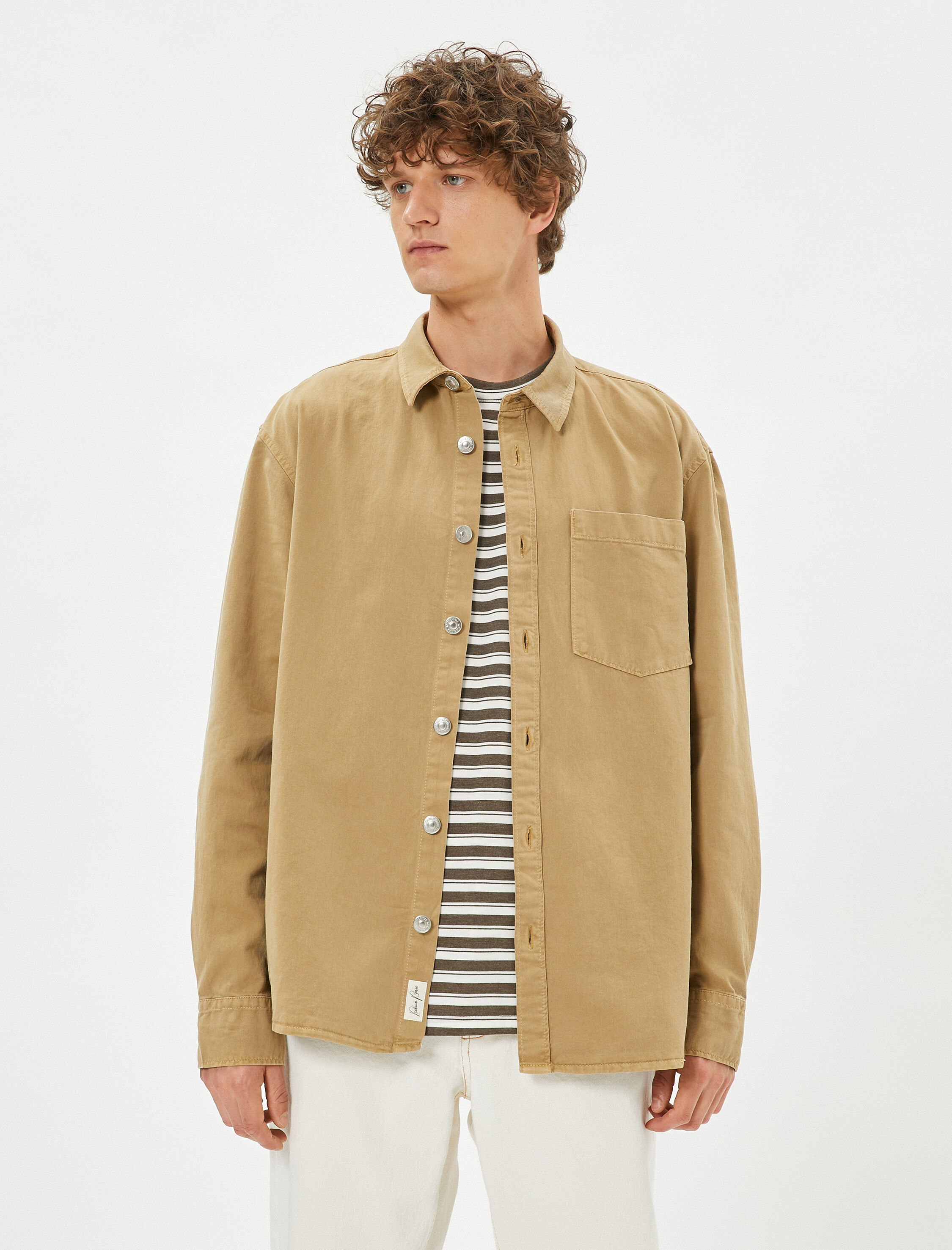 Kanvas Gömlek Klasik Yaka Cep Detaylı Düğmeli Etiket Baskılı Pamuklu