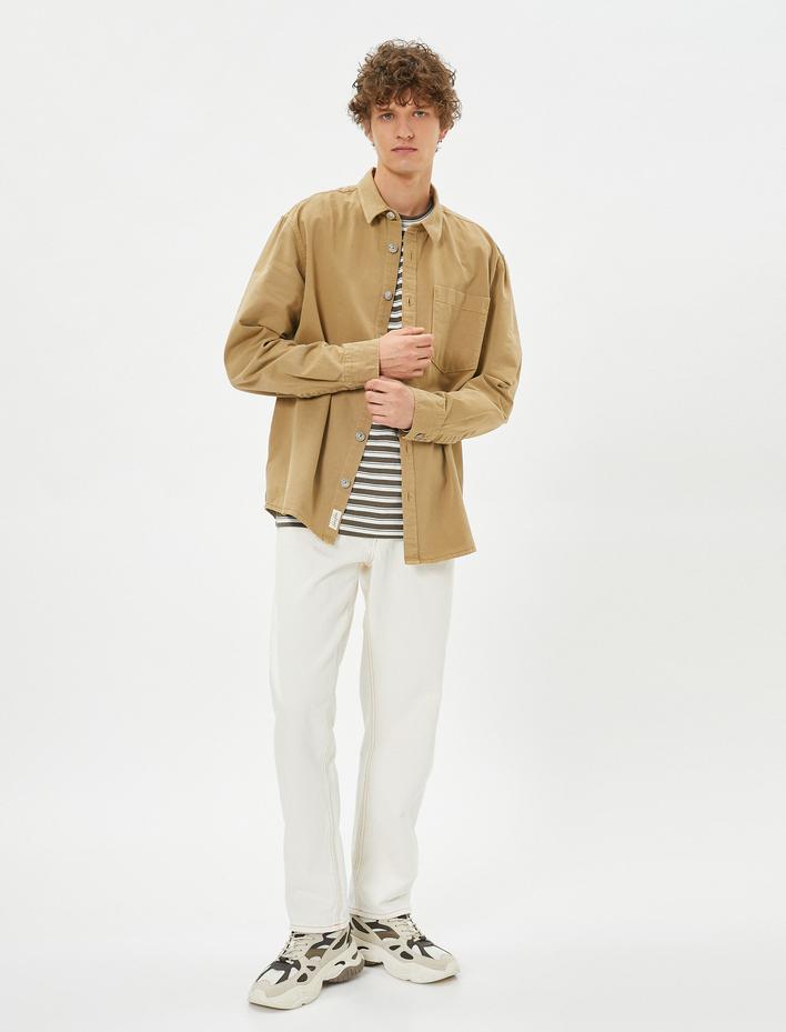  Kanvas Gömlek Klasik Yaka Cep Detaylı Düğmeli Etiket Baskılı Pamuklu