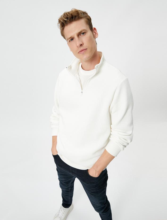  Yarım Fermuarlı Sweatshirt Dik Yaka Uzun Kollu Şardonlu