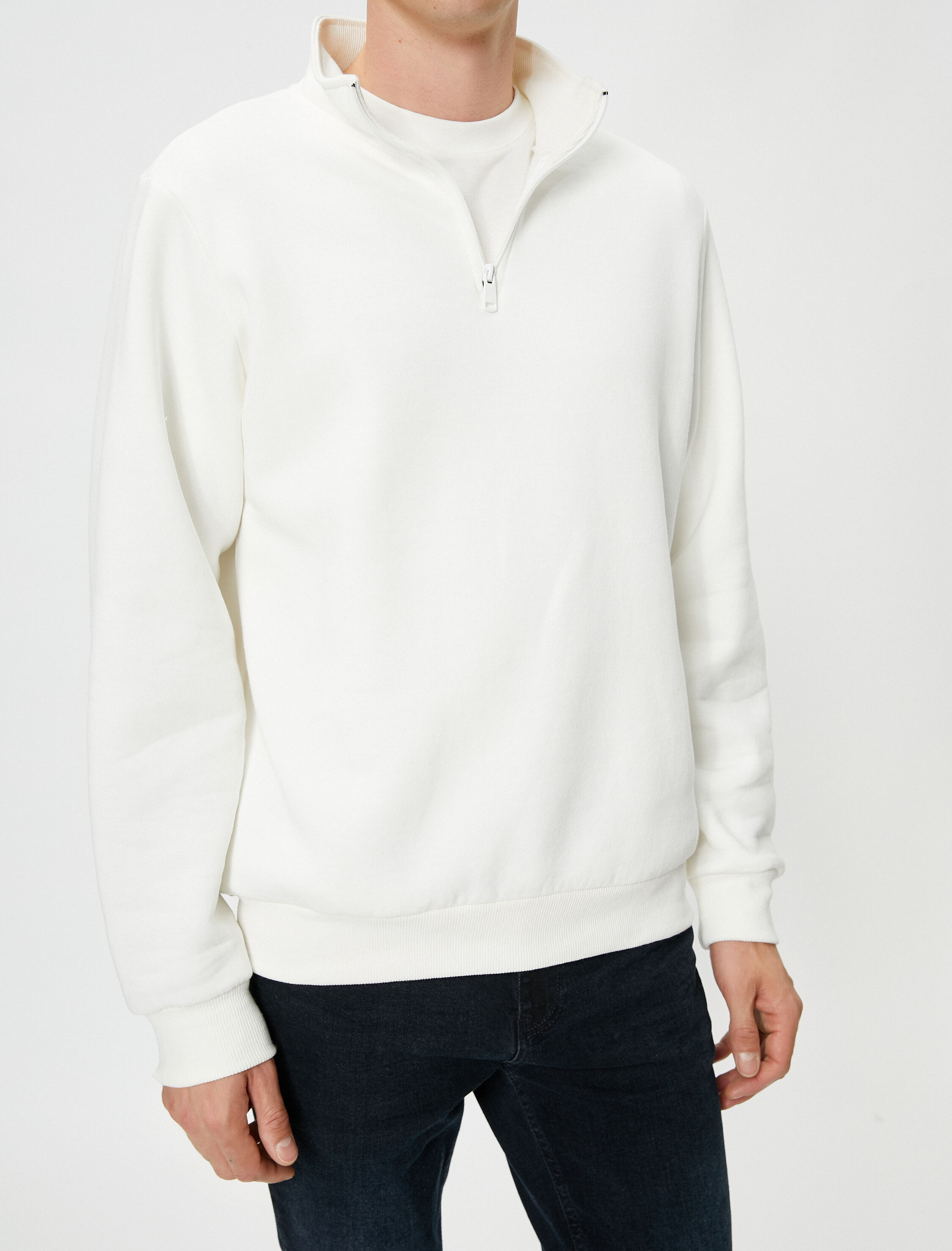   Yarım Fermuarlı Sweatshirt Dik Yaka Uzun Kollu Şardonlu