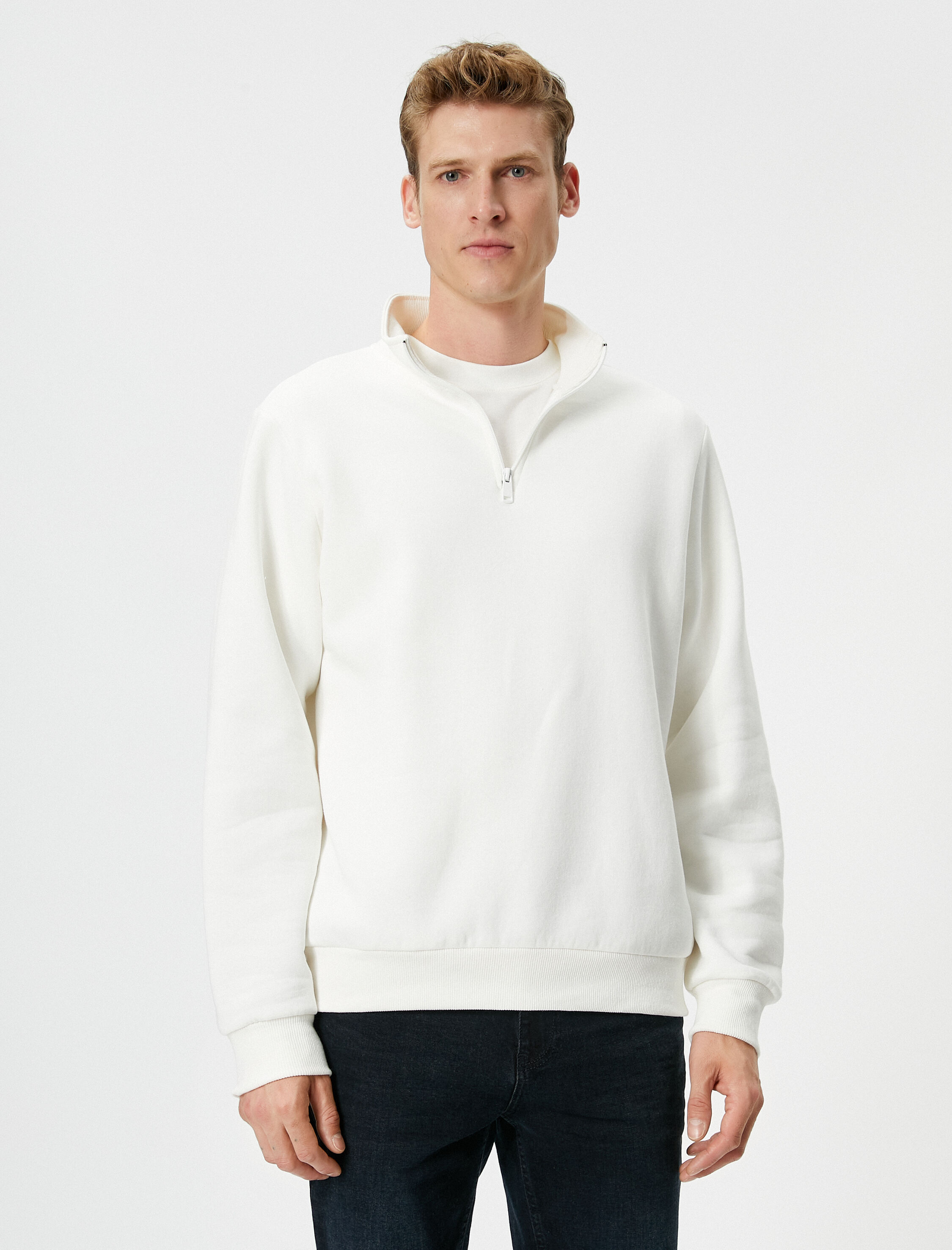   Yarım Fermuarlı Sweatshirt Dik Yaka Uzun Kollu Şardonlu