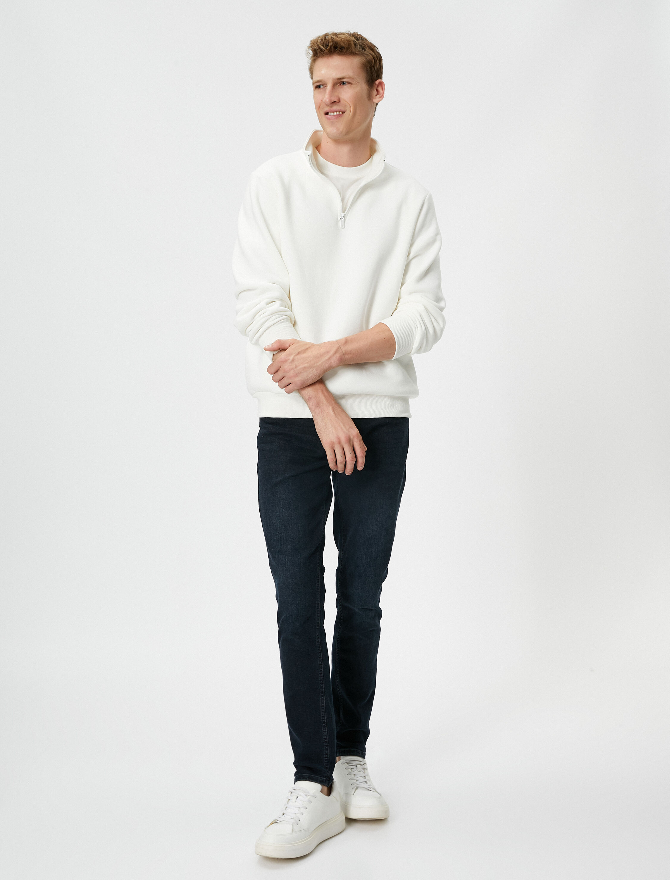   Yarım Fermuarlı Sweatshirt Dik Yaka Uzun Kollu Şardonlu