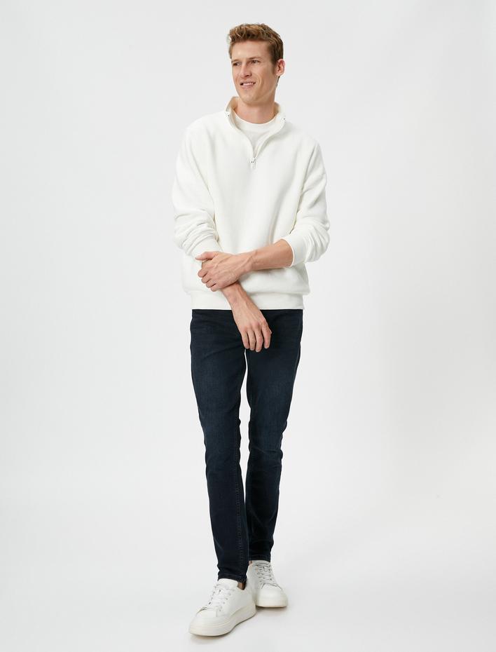  Yarım Fermuarlı Sweatshirt Dik Yaka Uzun Kollu Şardonlu