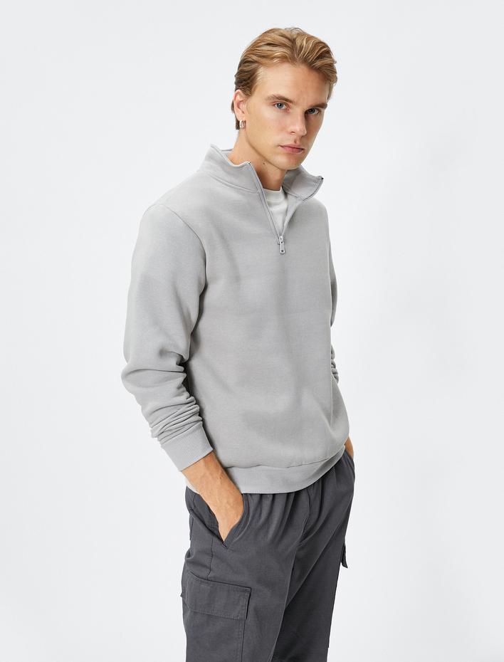  Yarım Fermuarlı Sweatshirt Dik Yaka Uzun Kollu Şardonlu