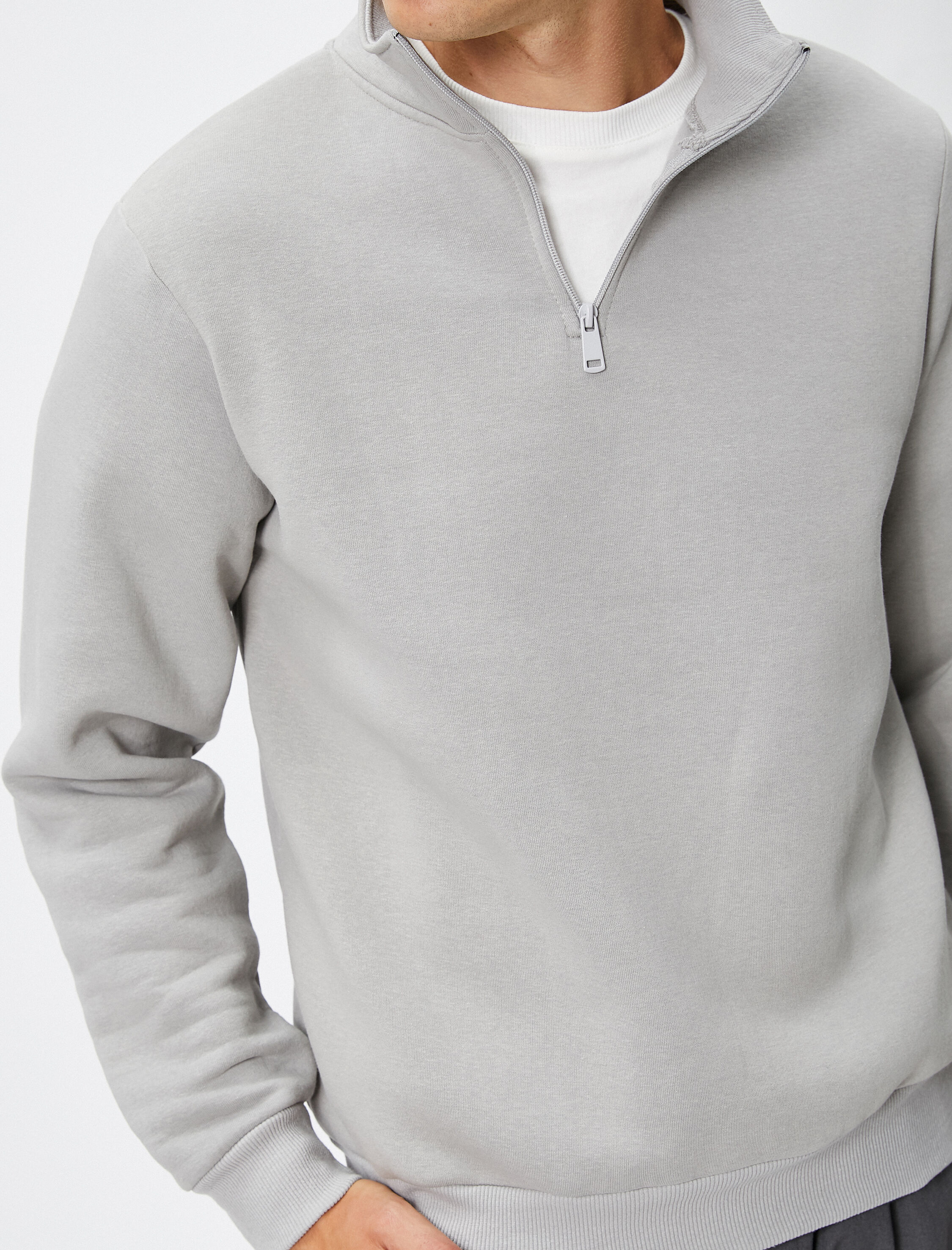   Yarım Fermuarlı Sweatshirt Dik Yaka Uzun Kollu Şardonlu