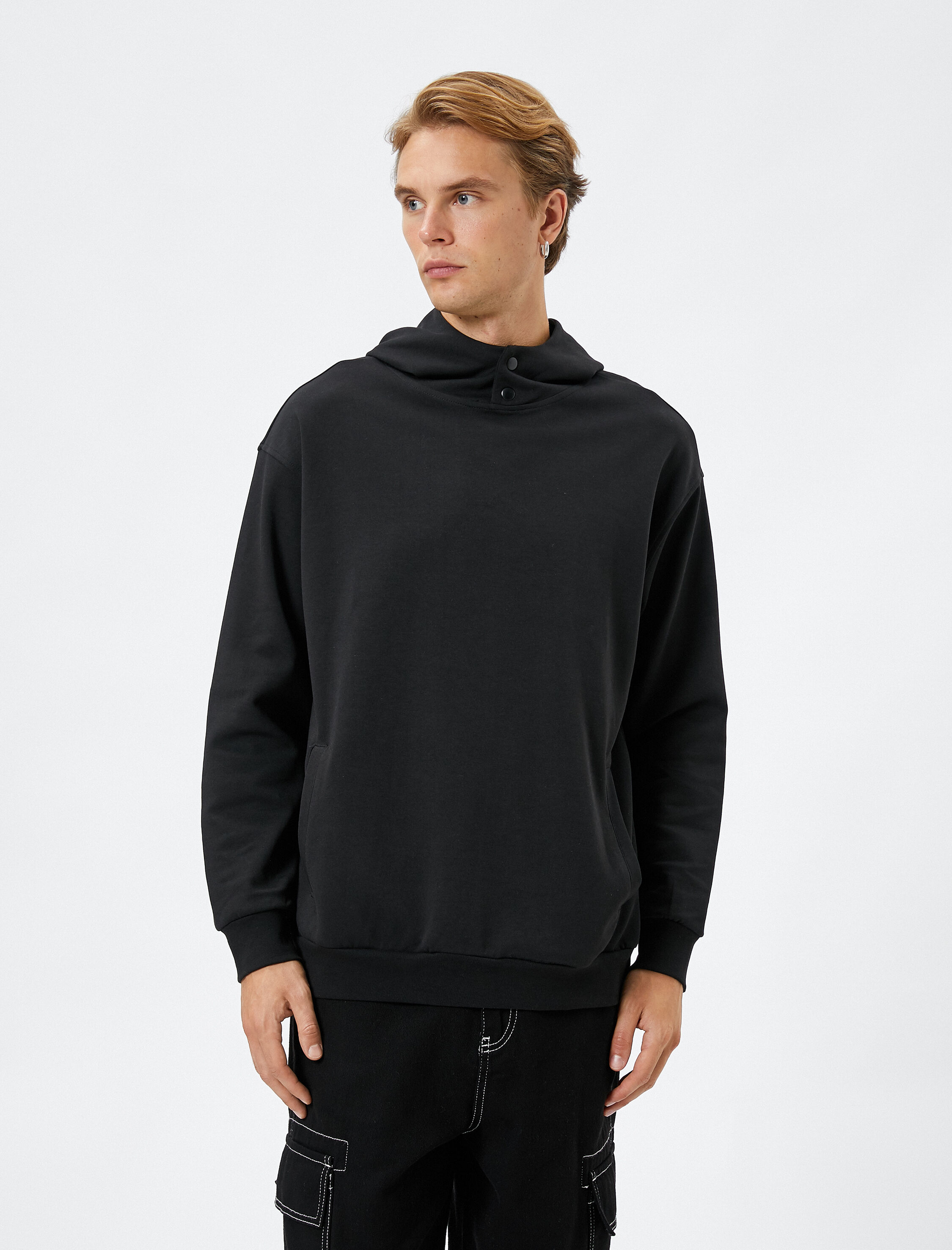   Kapşonlu Sweat Çıtçıt Düğmeli Cep Detaylı Yüksek Yaka Ribanalı