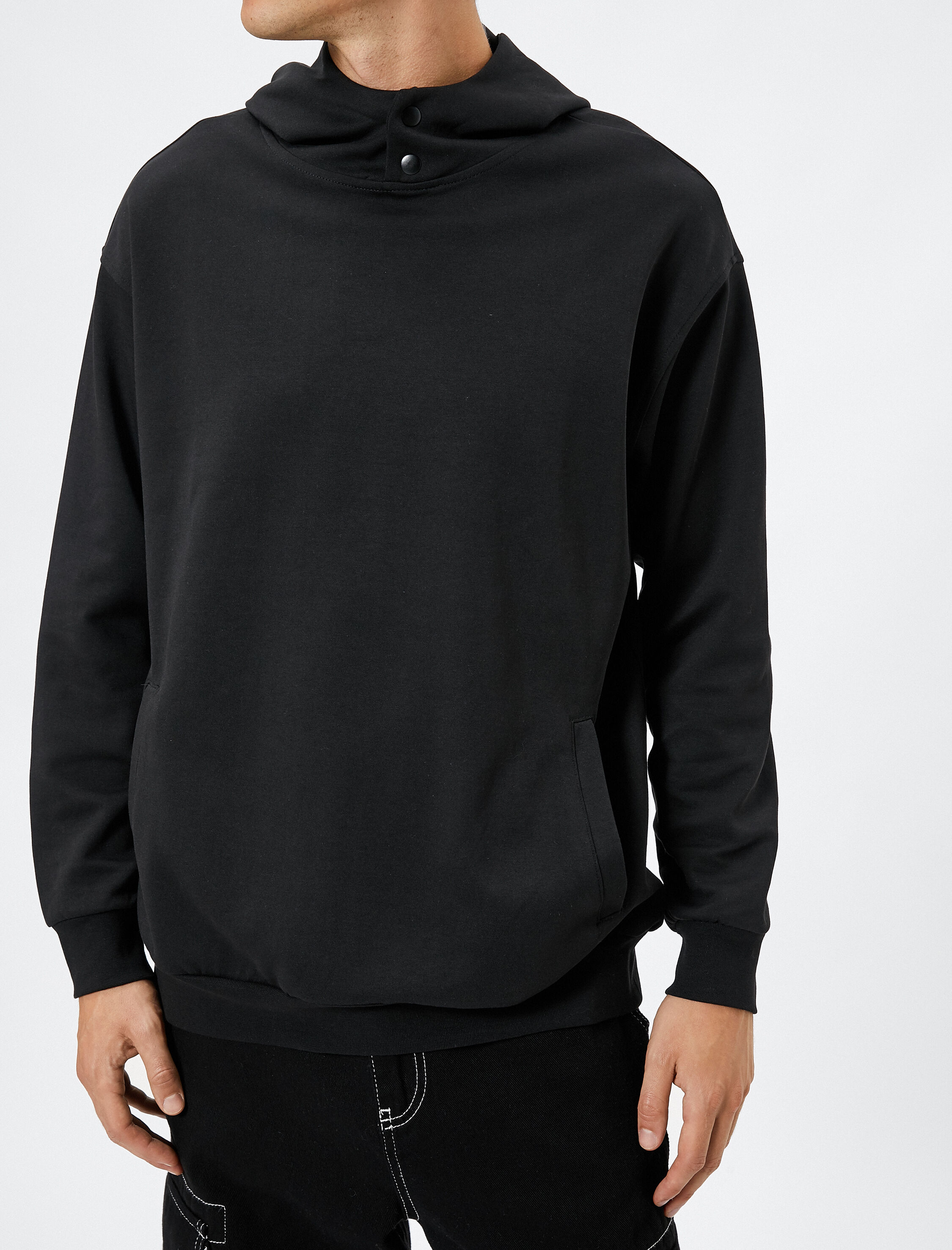   Kapşonlu Sweat Çıtçıt Düğmeli Cep Detaylı Yüksek Yaka Ribanalı