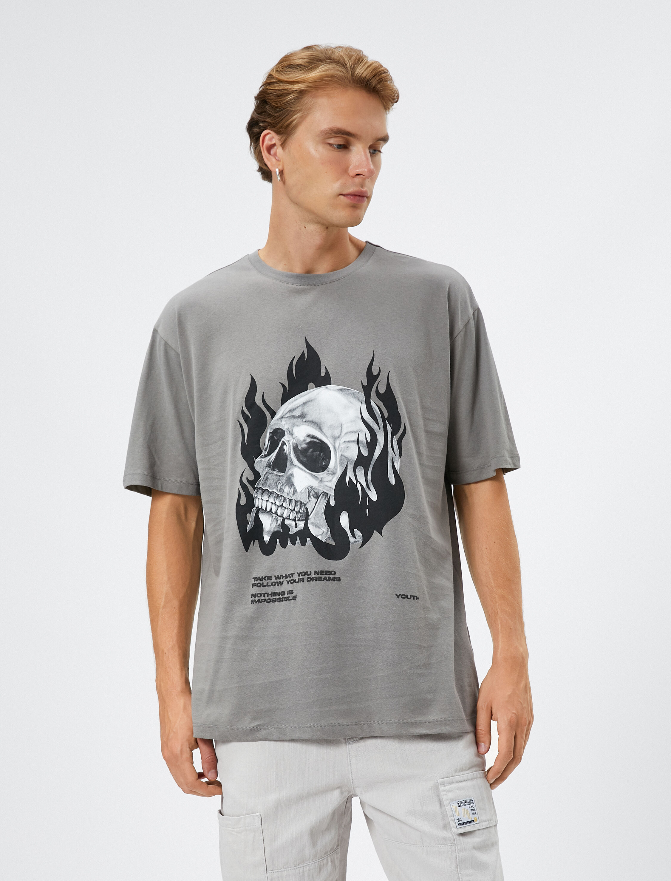   Oversize Tişört Kuru Kafa Baskılı Bisiklet Yaka Pamuklu