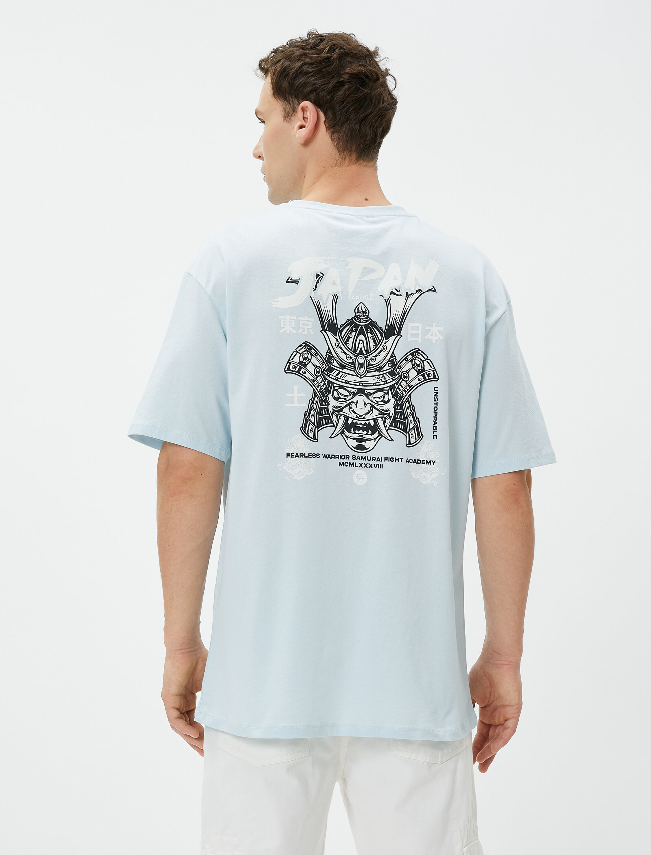 Oversize Tişört Uzakdoğu Sırt Baskılı Bisiklet Yaka Kısa Kollu