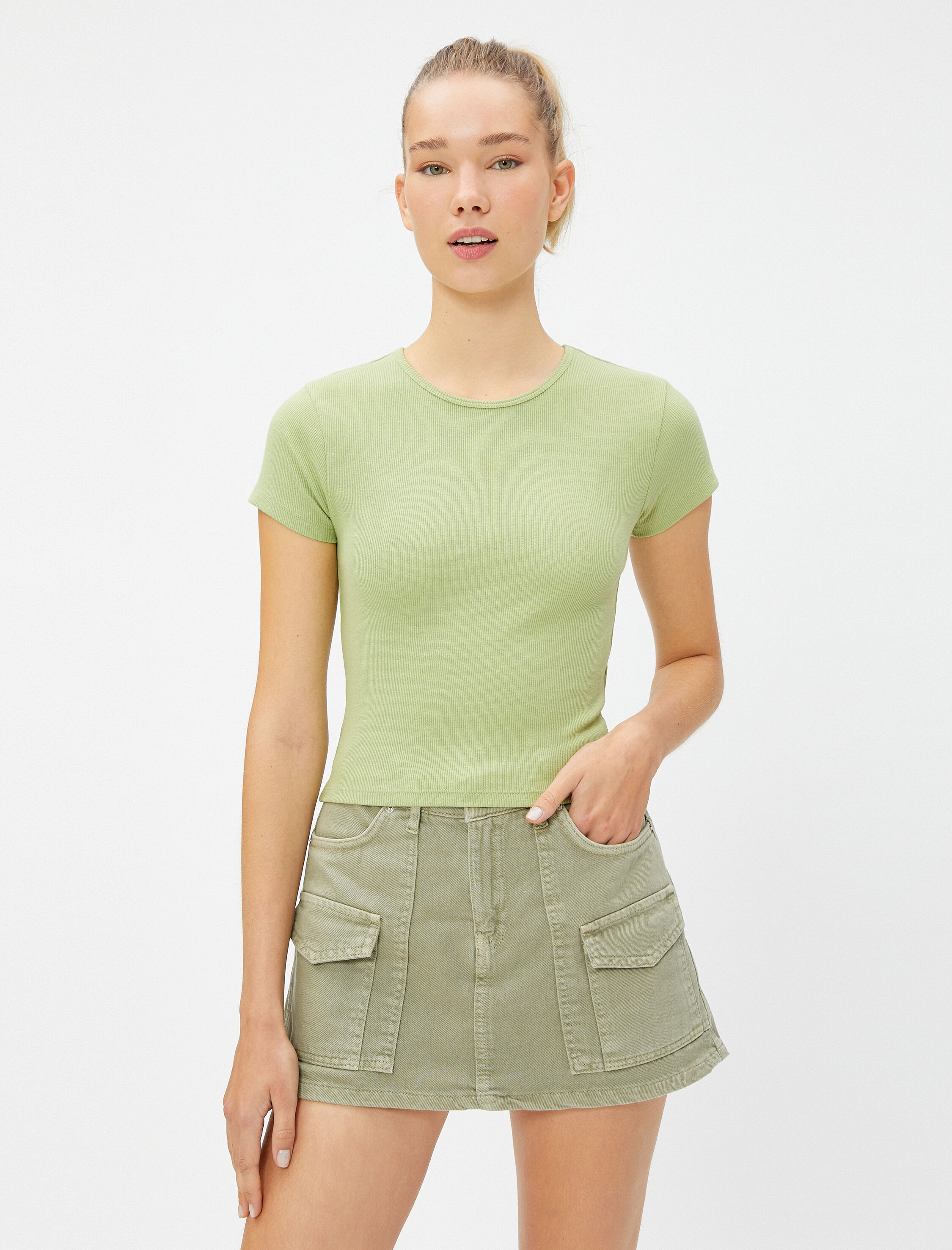   Basic Tişört Kısa Kollu Bisiklet Yaka Fitilli Pamuklu