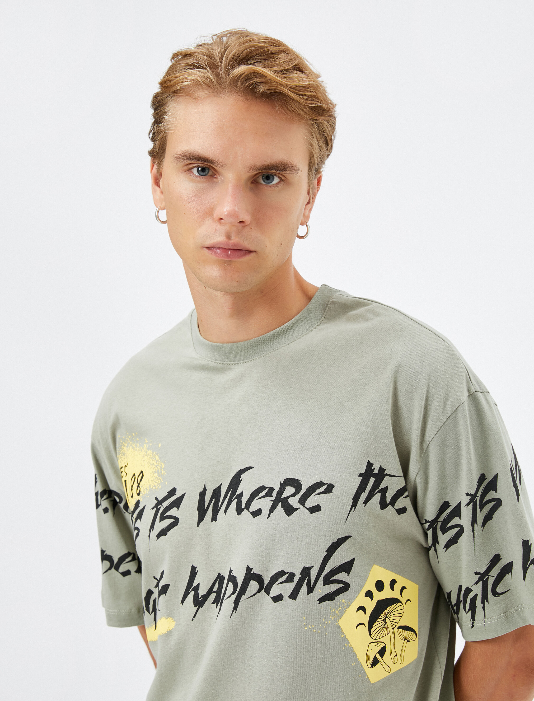   Slogan Baskılı Tişört Relax Fit Bisiklet Yaka Kısa Kollu