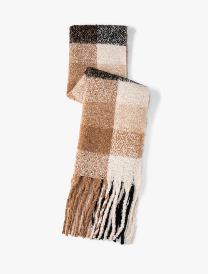 Kadın Ekose Uzun Atkı Püsküllü Yumuşak Dokulu