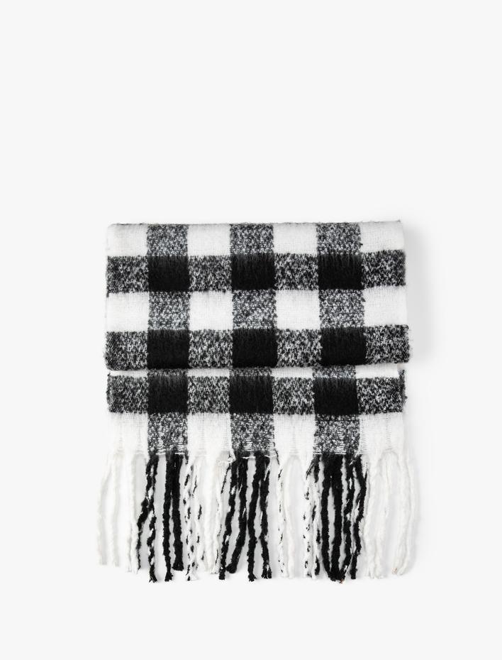 Kadın Ekose Uzun Atkı Püsküllü Yumuşak Dokulu