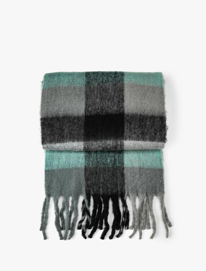 Kadın Ekose Uzun Atkı Püsküllü Yumuşak Dokulu