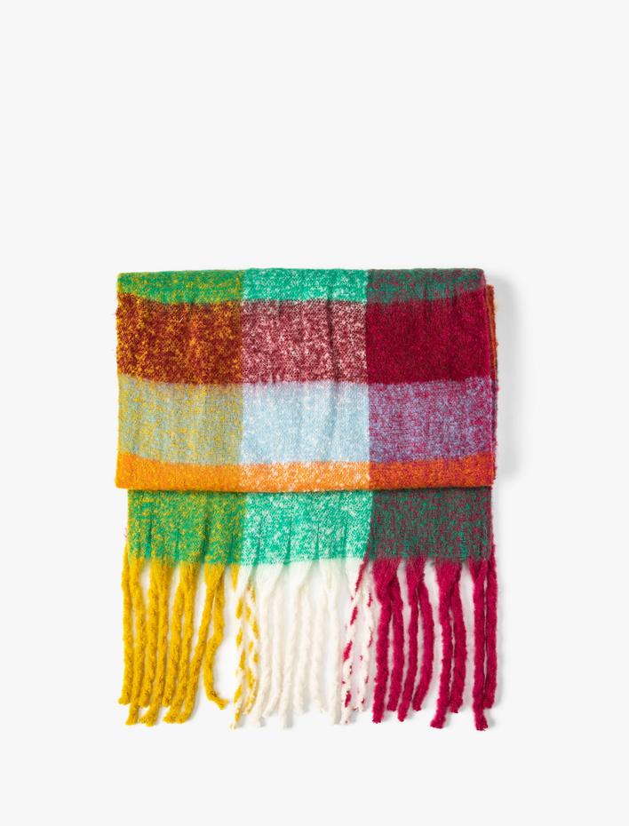 Kadın Çok Renkli Uzun Atkı Püsküllü Yumuşak Dokulu