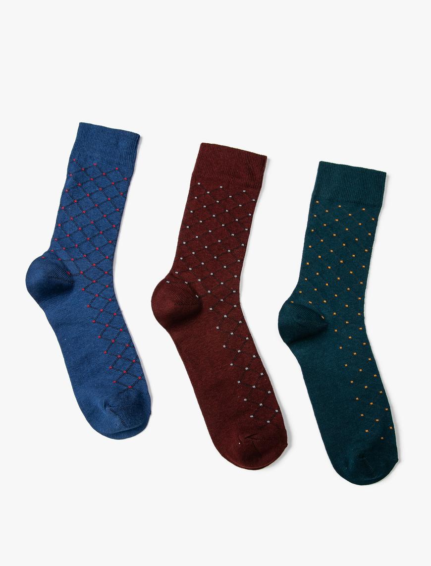  Erkek 3'lü Soket Çorap Seti Geometrik Desenli Çok Renkli