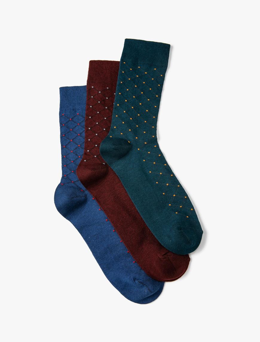  Erkek 3'lü Soket Çorap Seti Geometrik Desenli Çok Renkli
