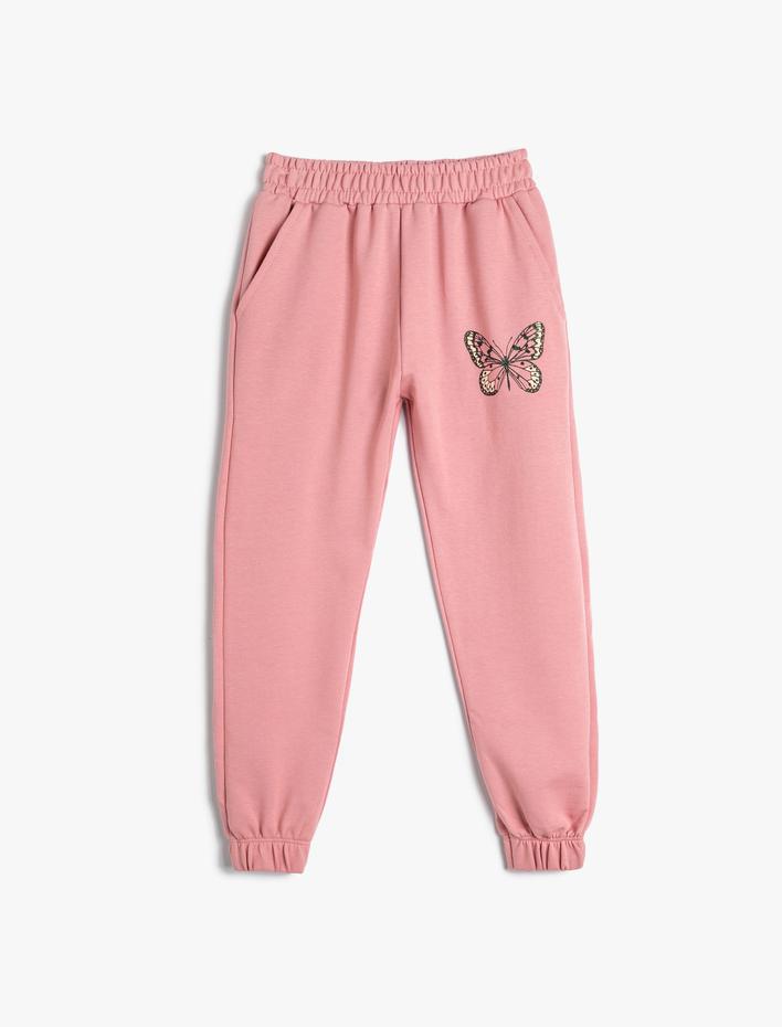 Kız Çocuk Jogger Eşofman Altı Kelebek Baskılı Cepli Pamuklu