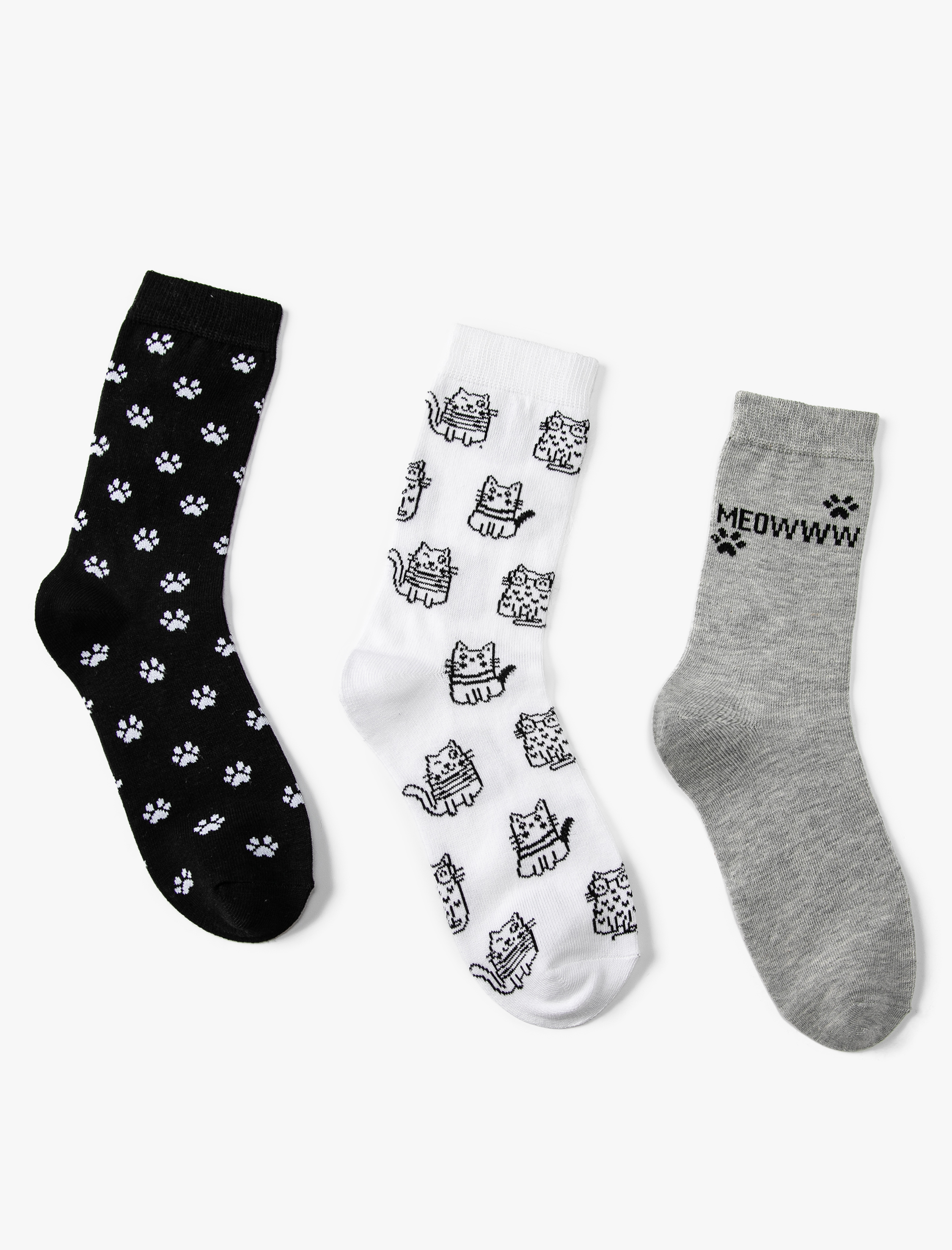  Kadın Kedili Çorap Seti 3'lü Çok Renkli Sloganlı