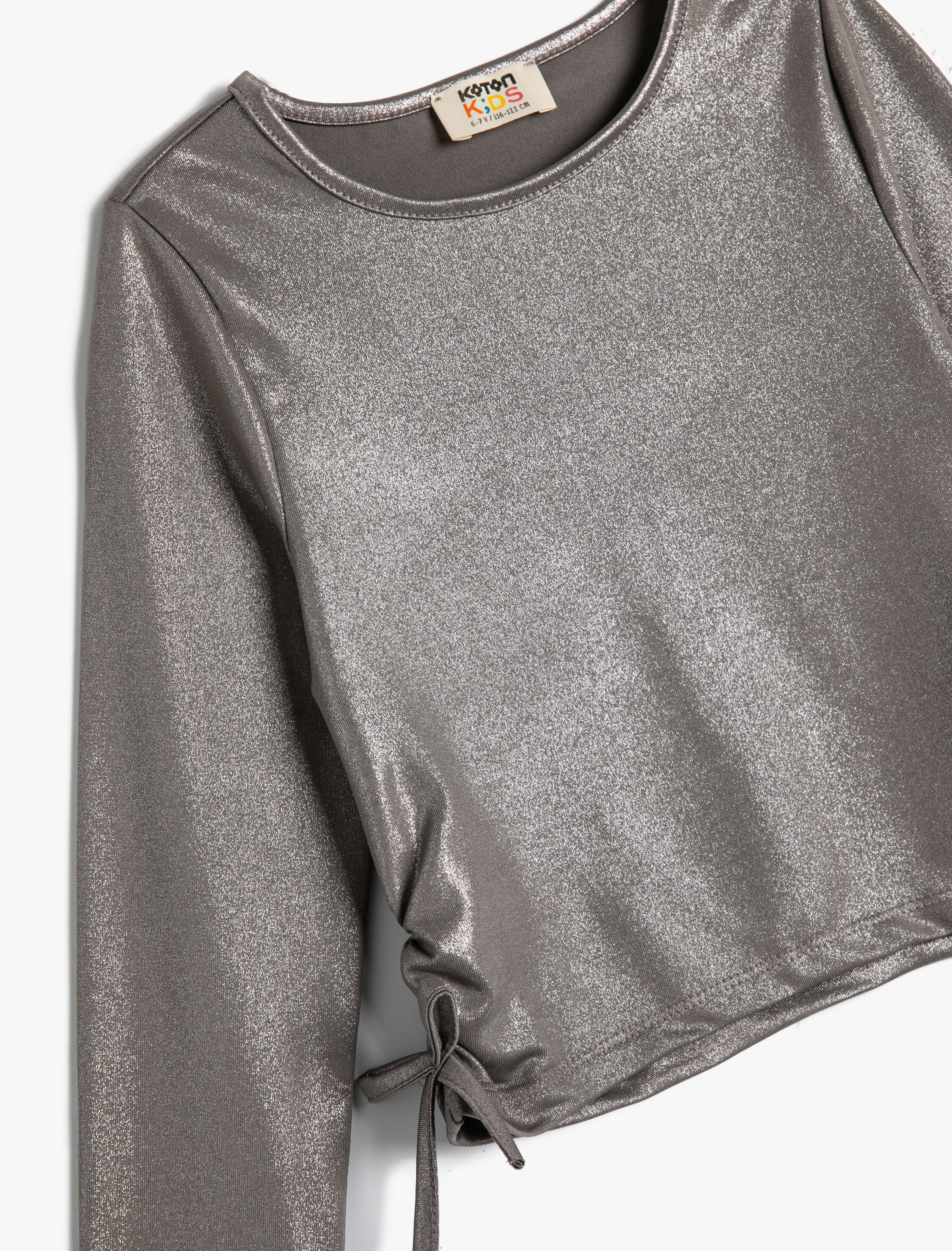  Kız Çocuk Parlak Tişört Uzun Kollu Yuvarlak Yaka Büzgü Detaylı