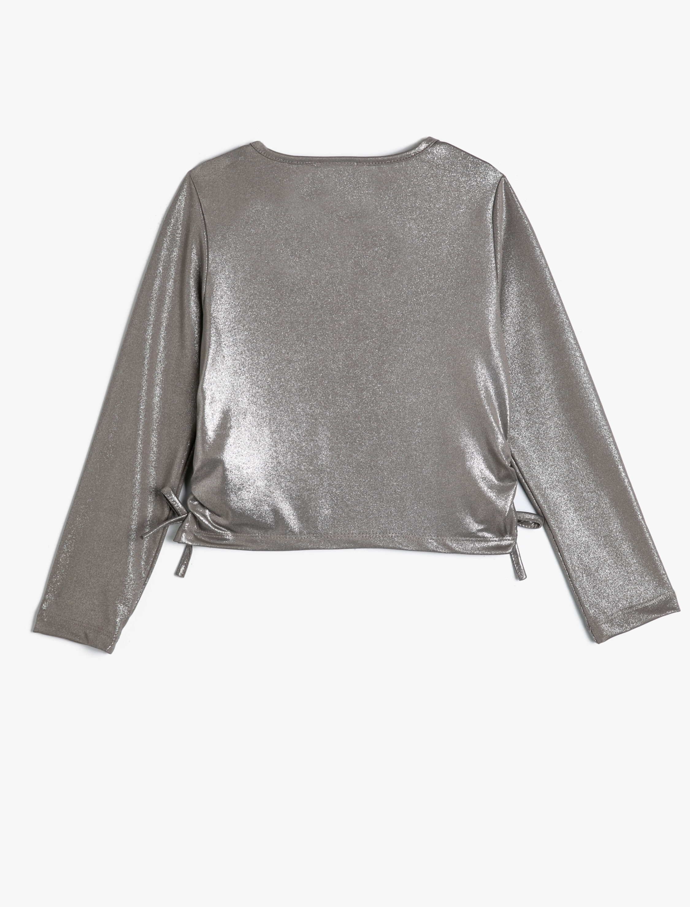  Kız Çocuk Parlak Tişört Uzun Kollu Yuvarlak Yaka Büzgü Detaylı