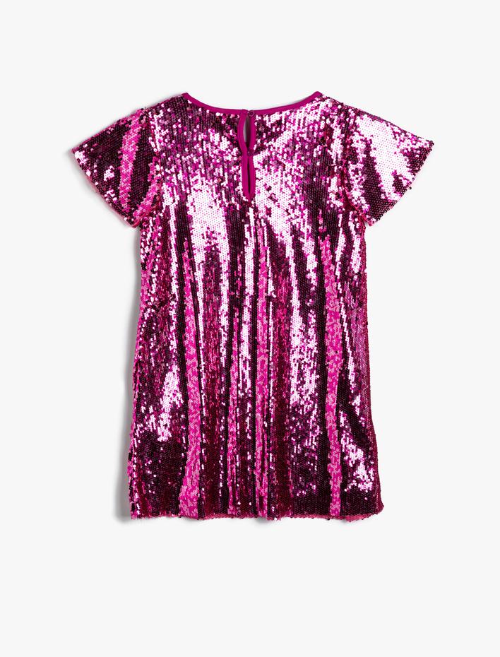 Kız Çocuk Pullu Payetli Elbise Kısa Kollu Yuvarlak Yaka