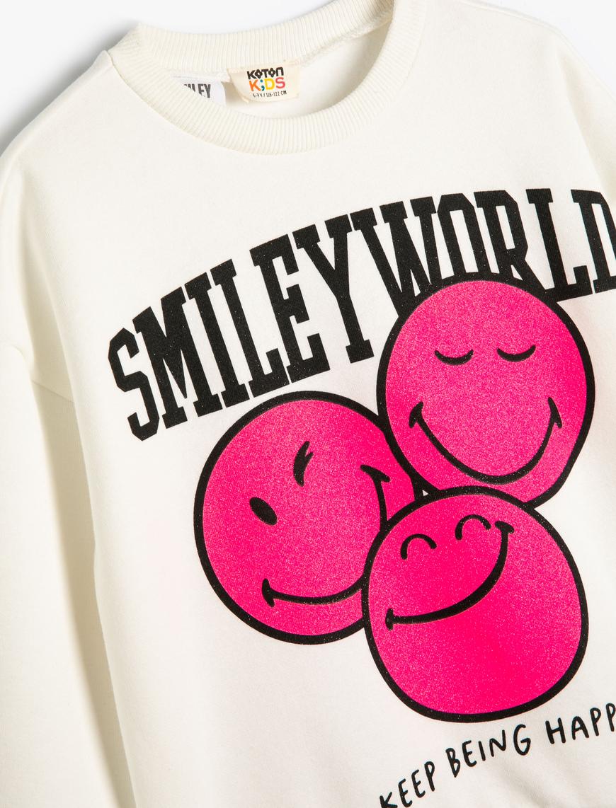 Kız Çocuk SmileyWorld® Sweatshirt Lisanslı Şardonlu Uzun Kollu Bisiklet Yaka