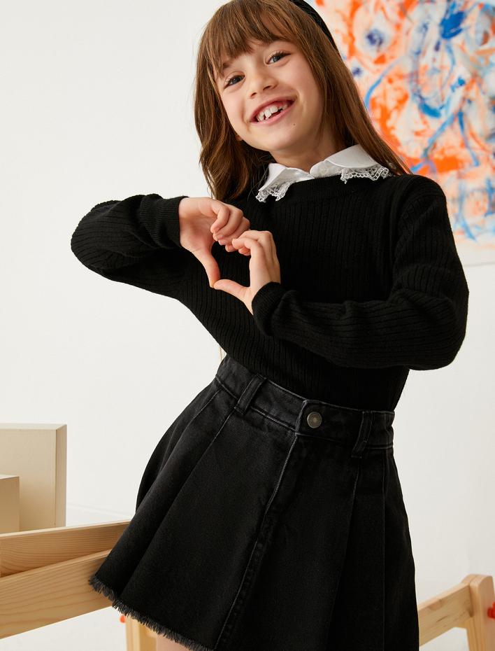 Kız Çocuk Basic Triko Kazak Yuvarlak Yaka Kaşkorse Uzun Kollu