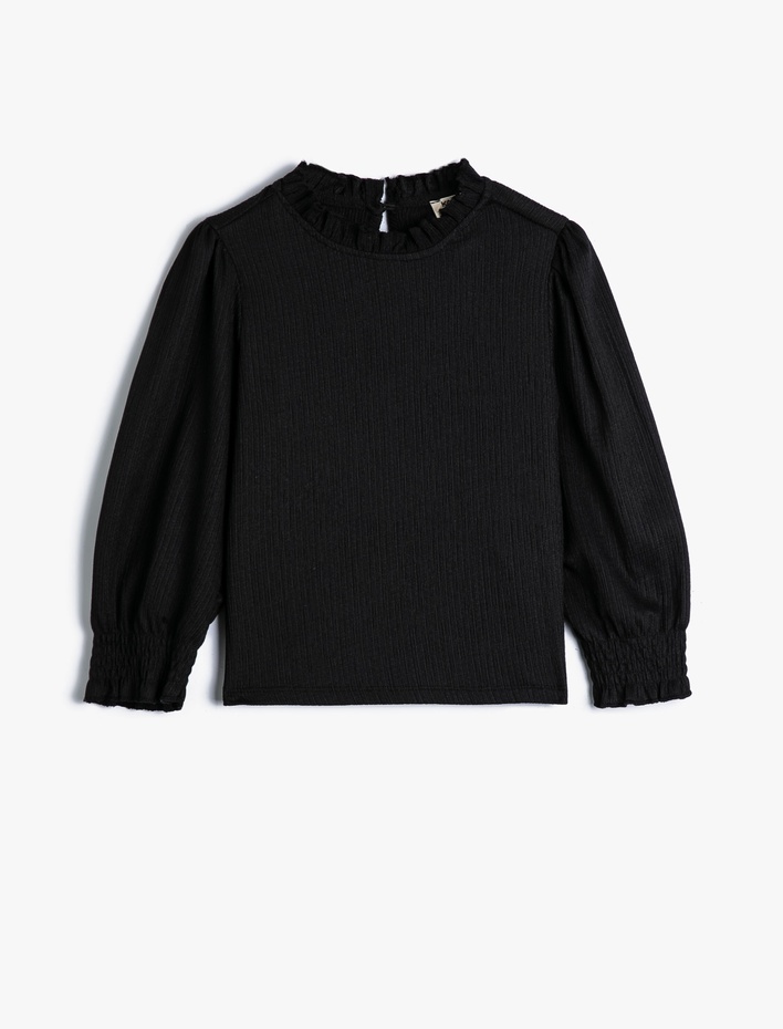 Kız Çocuk Tişört Uzun Kollu Dik Yaka Kaşkorse Manşetleri Lastikli