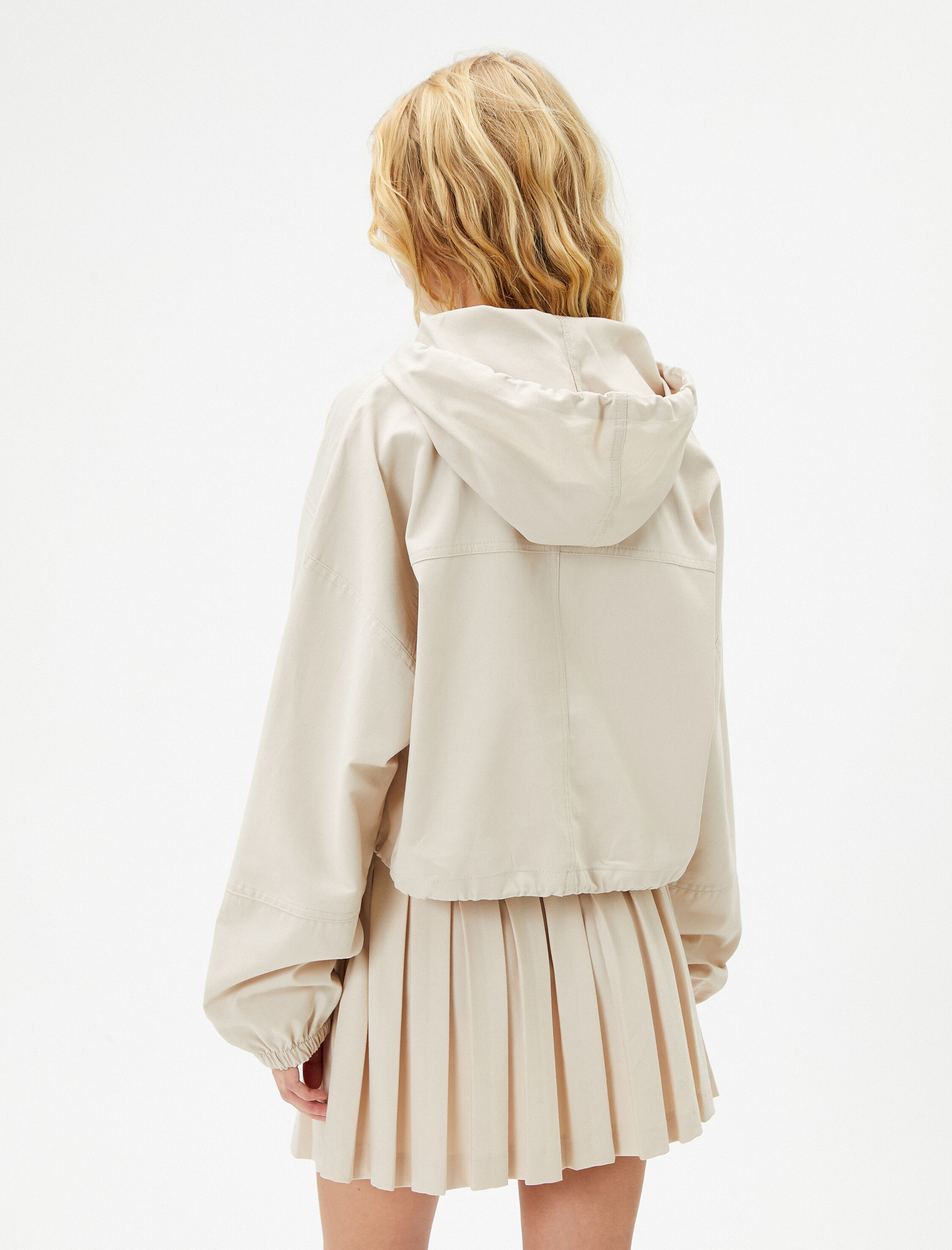   Paraşüt Kapşonlu Crop Sweatshirt Yarım Düğmeli Beli Lastikli Uzun Balon Kol Pamuklu