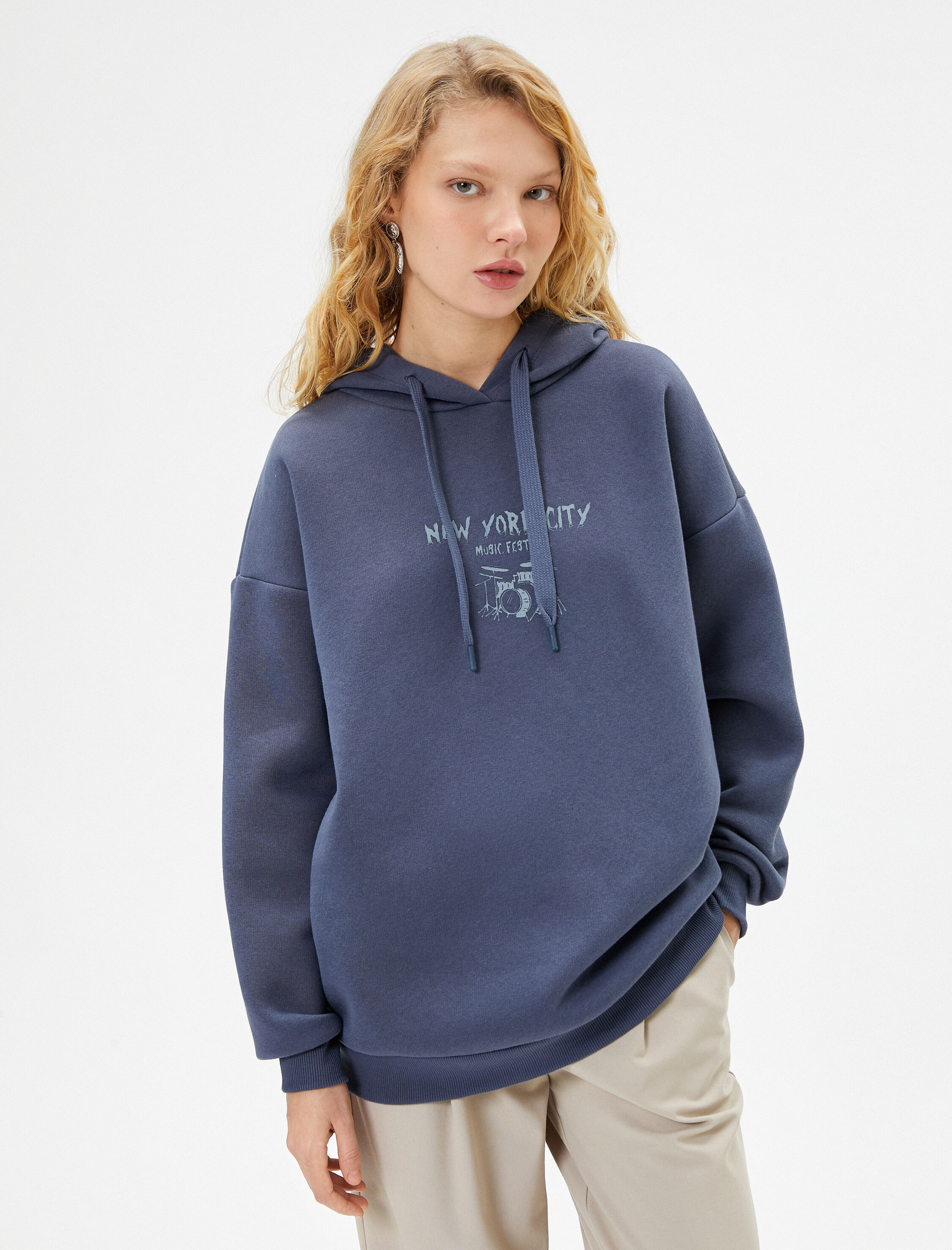   Şardonlu Kapşonlu Sweatshirt Arkası Baskılı Müzik Temalı Rahat Kalıp Pamuk Karışımlı