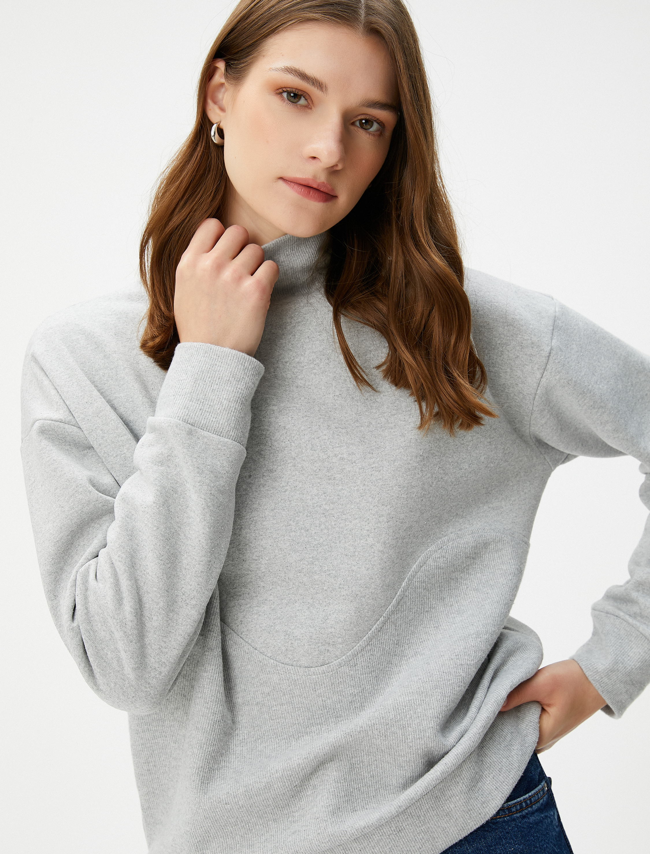   Dik Yaka Sweatshirt Dokulu Uzun Kollu