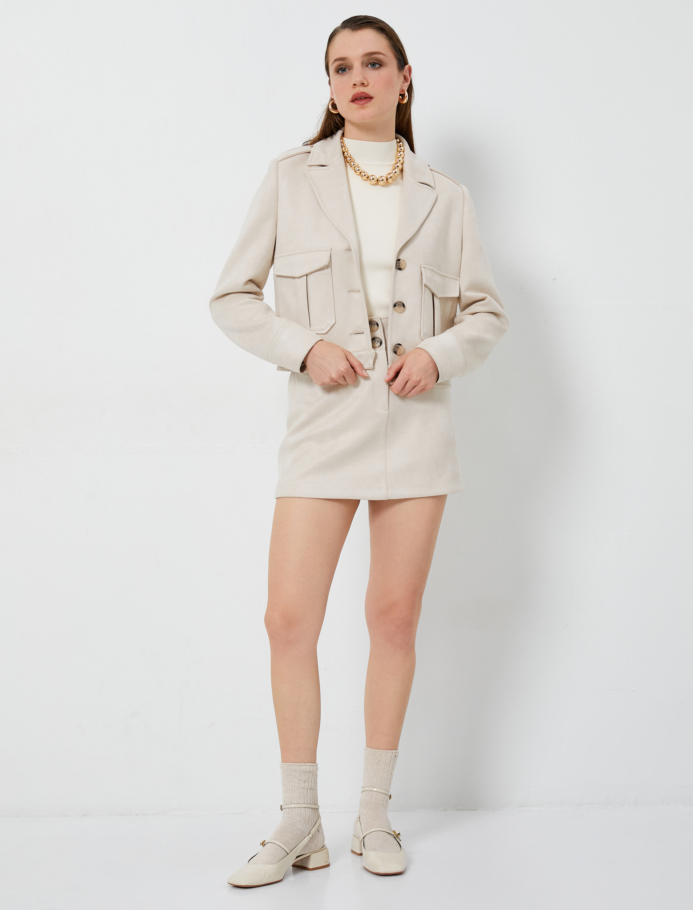   Mini Etek Süet Görünümlü Normal Bel Düğmeli