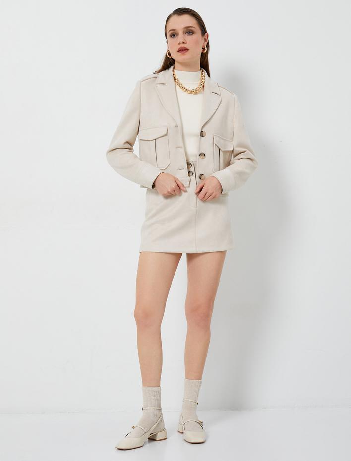  Mini Etek Süet Görünümlü Normal Bel Düğmeli