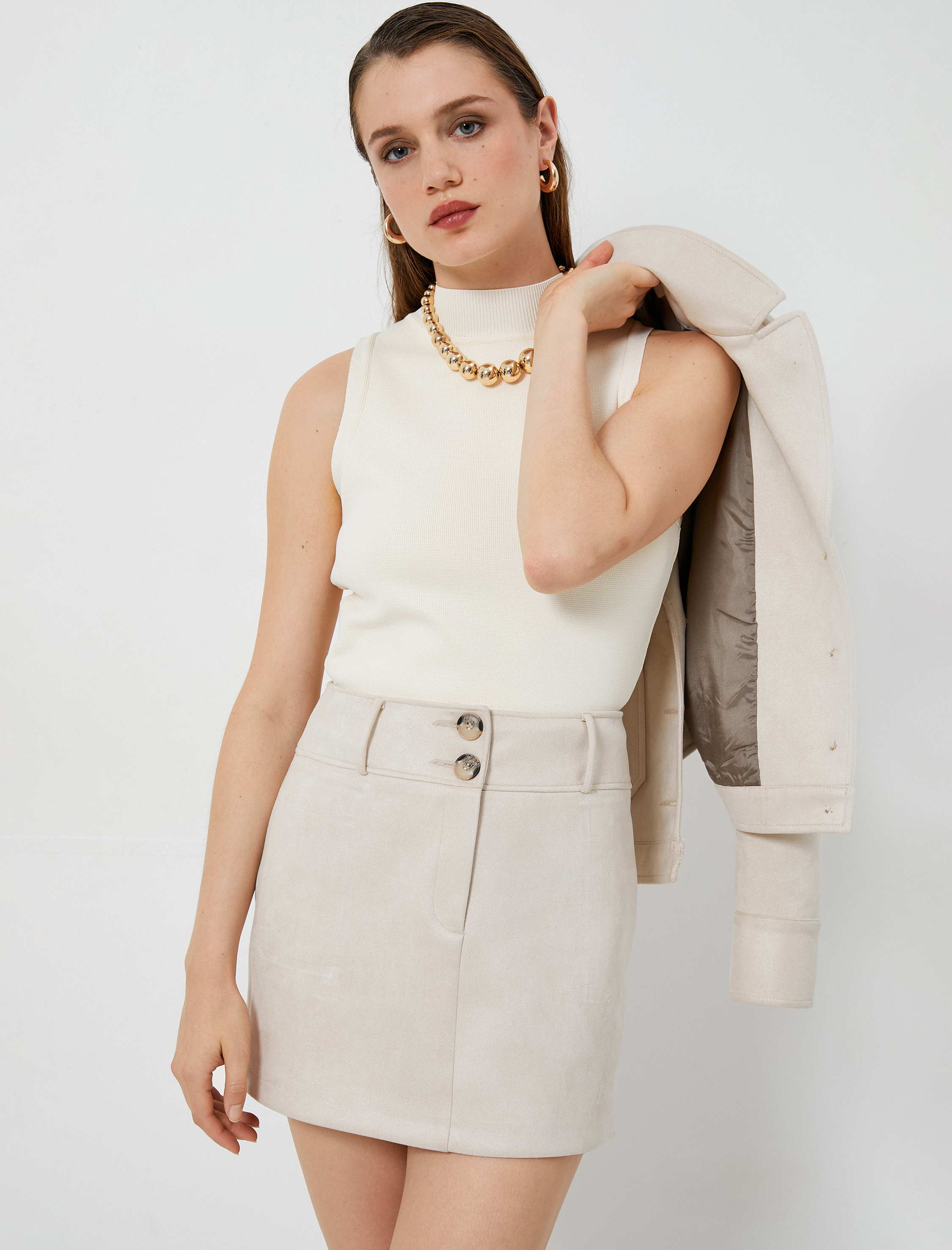   Mini Etek Süet Görünümlü Normal Bel Düğmeli