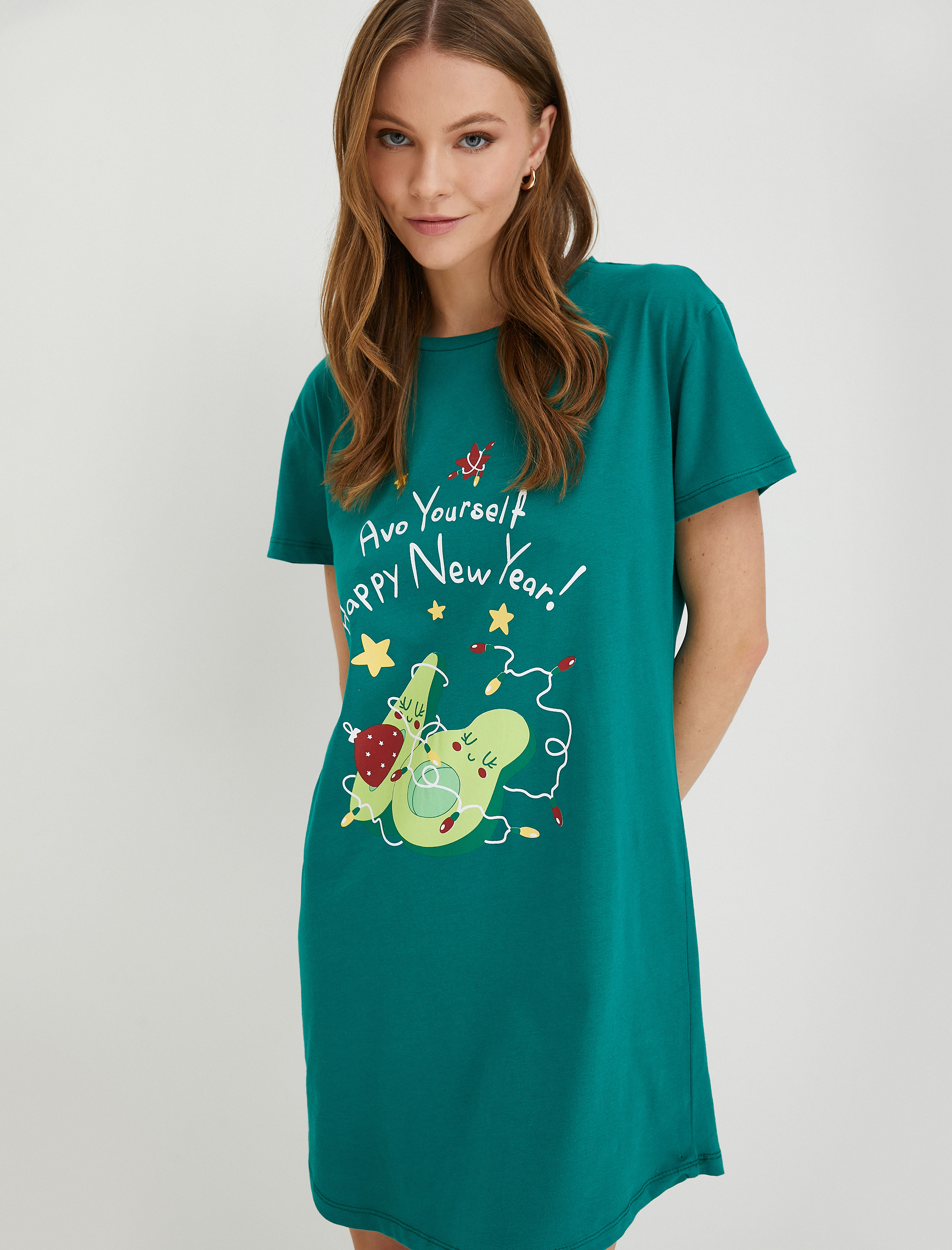   Kısa Kollu Gecelik Baskılı Bisiklet Yaka Yılbaşı Temalı