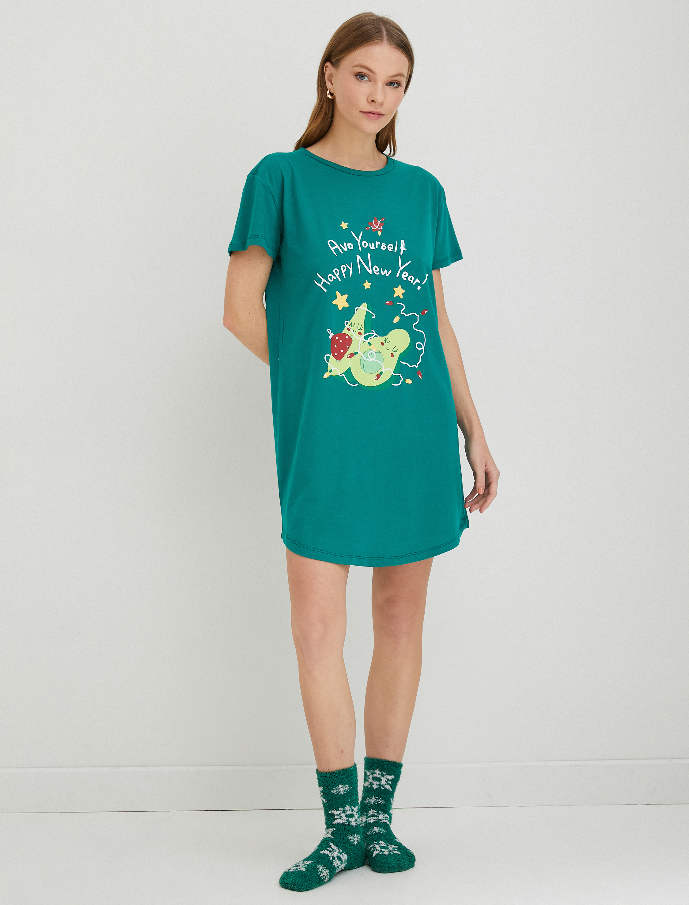   Kısa Kollu Gecelik Baskılı Bisiklet Yaka Yılbaşı Temalı