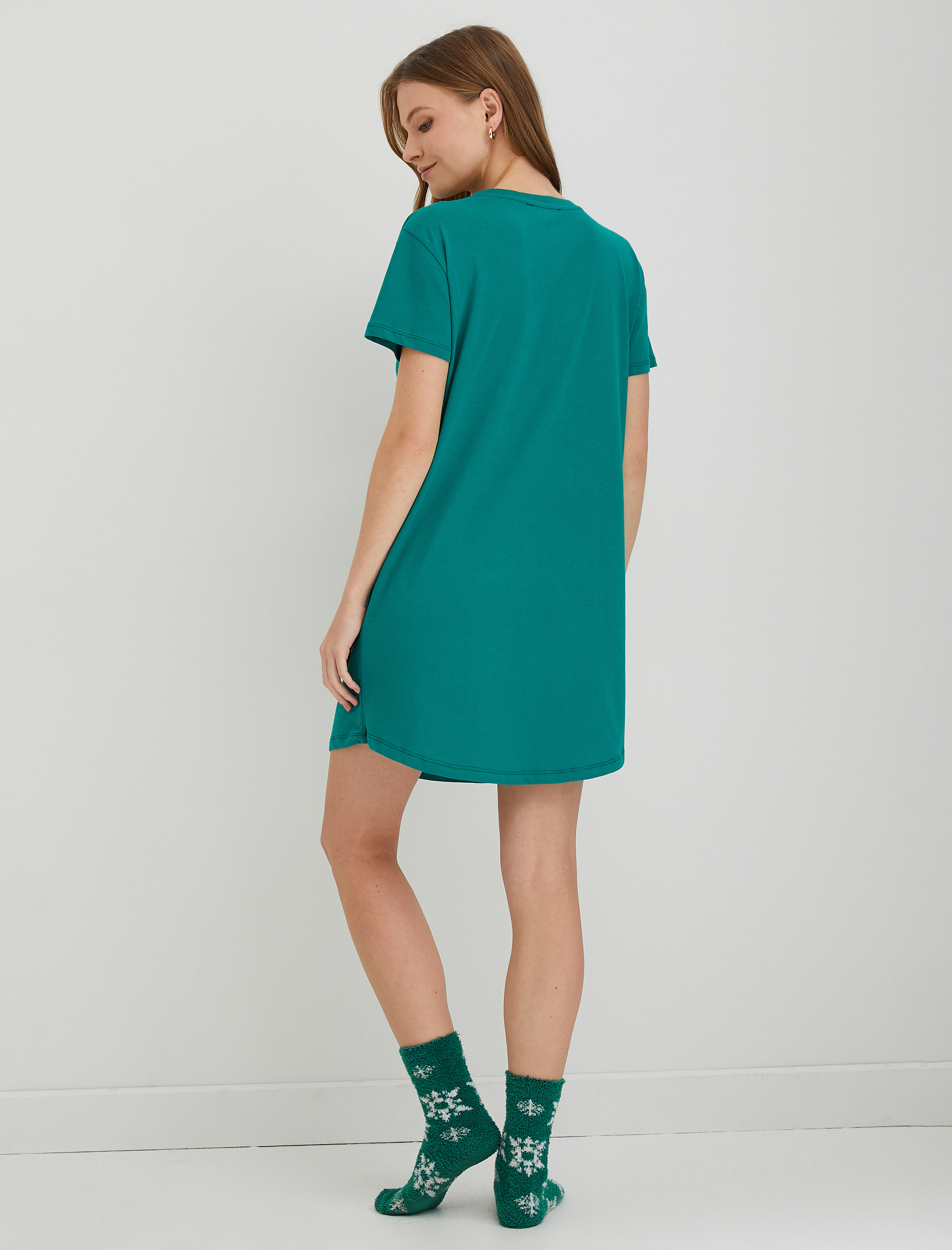   Kısa Kollu Gecelik Baskılı Bisiklet Yaka Yılbaşı Temalı