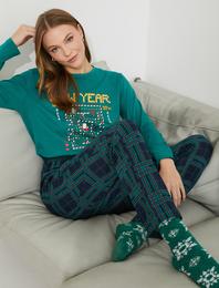 Pijama Takımı Yılbaşı Temalı Baskılı Uzun Kollu Pamuklu
