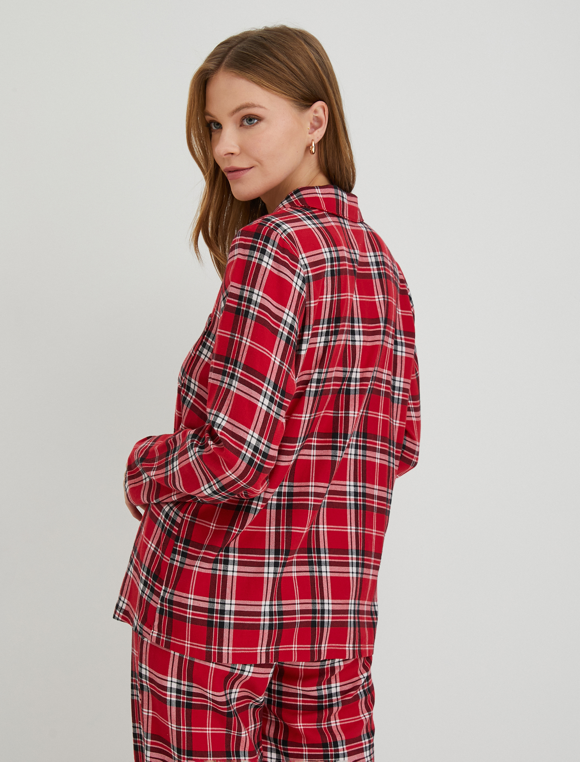   Kareli Pijama Üstü Düğmeli Uzun Kollu Cepli Yılbaşı Temalı