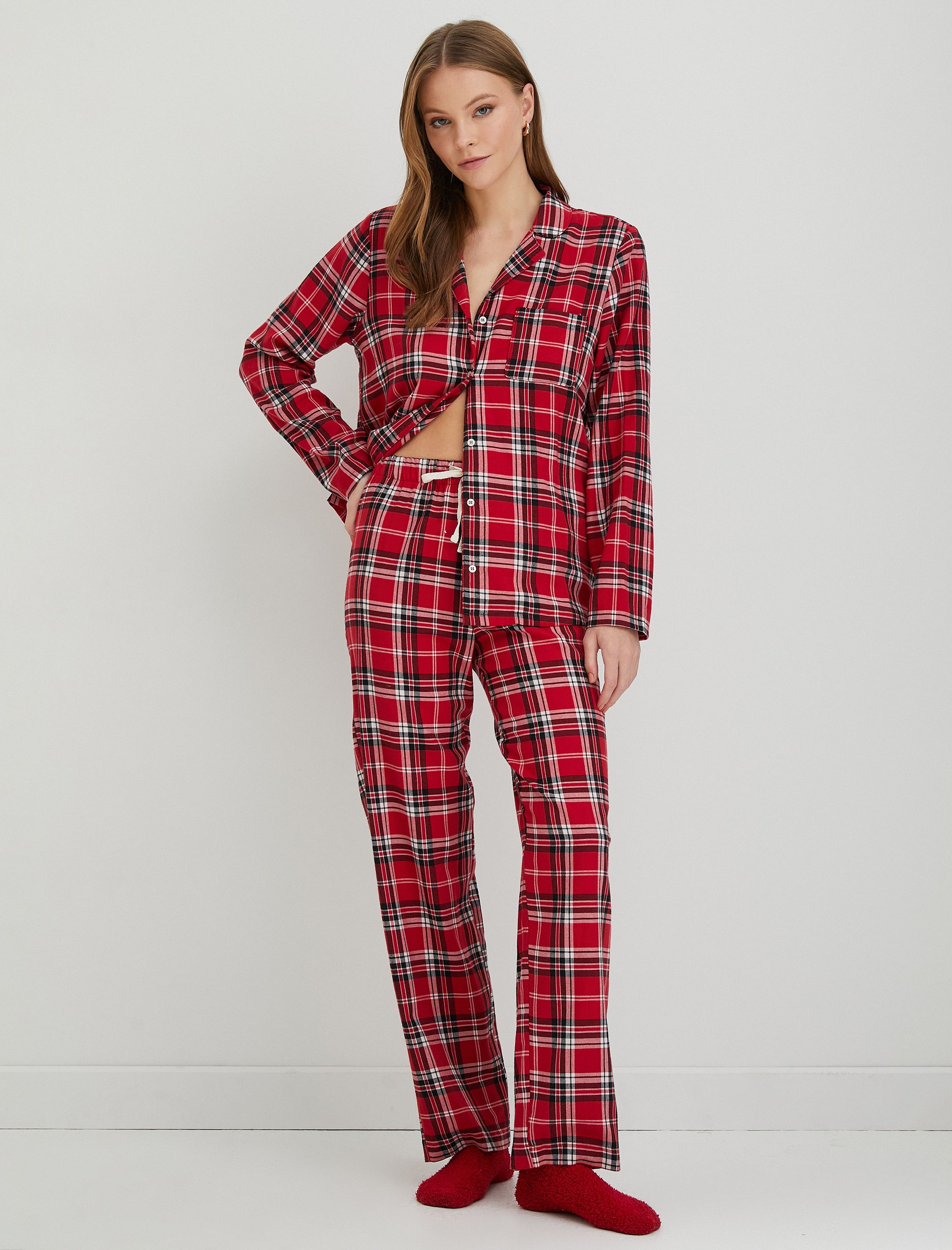   Kareli Pijama Üstü Düğmeli Uzun Kollu Cepli Yılbaşı Temalı