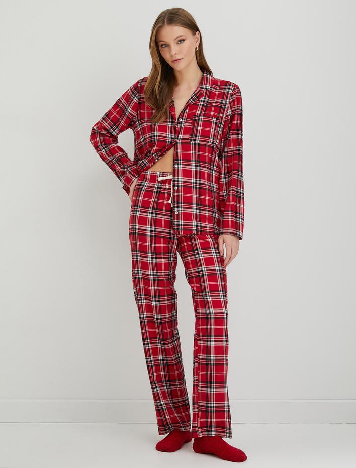  Kareli Pijama Üstü Düğmeli Uzun Kollu Cepli Yılbaşı Temalı