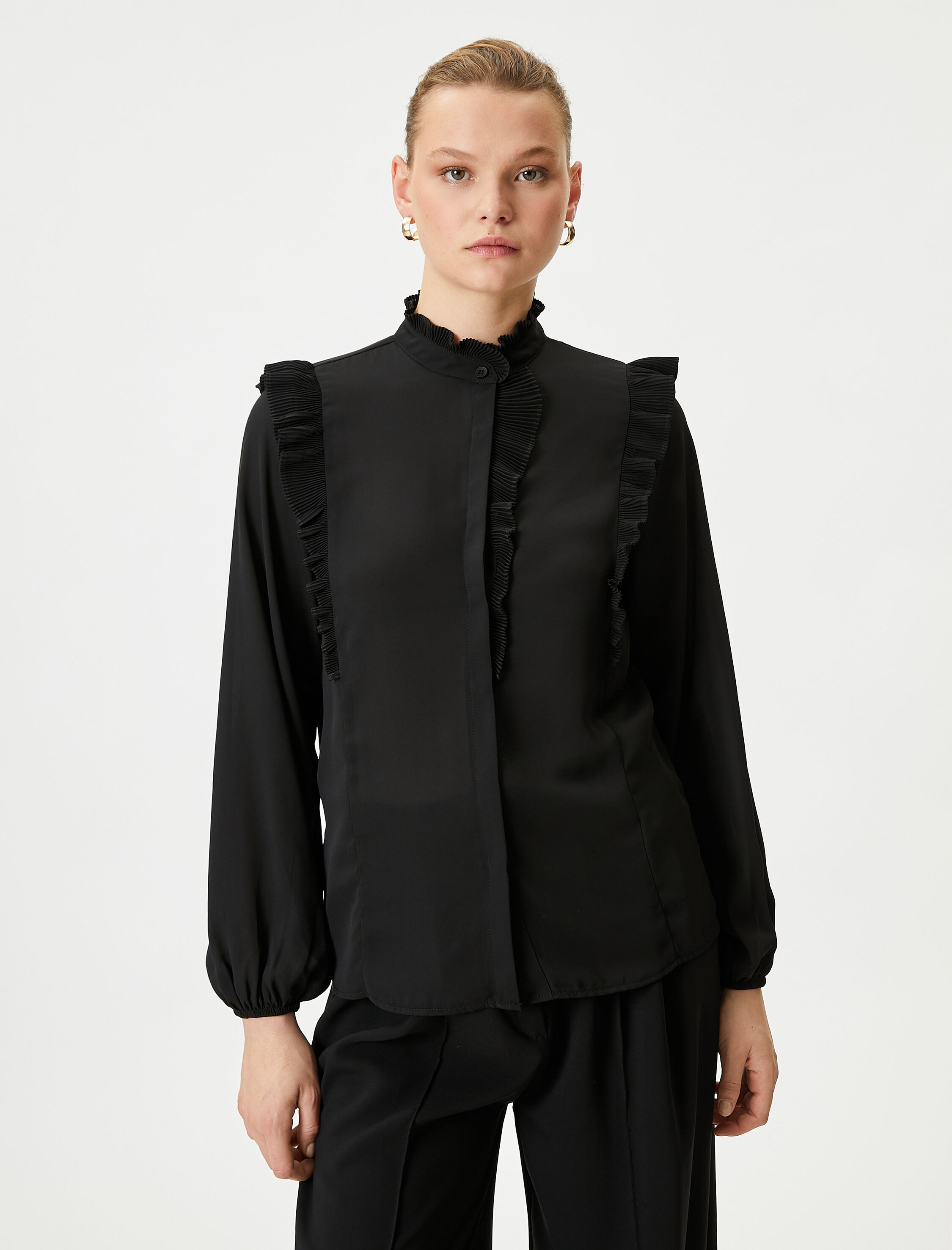   Şifon Gömlek Balon Kollu Fırfırlı Düğmeli Regular Fit