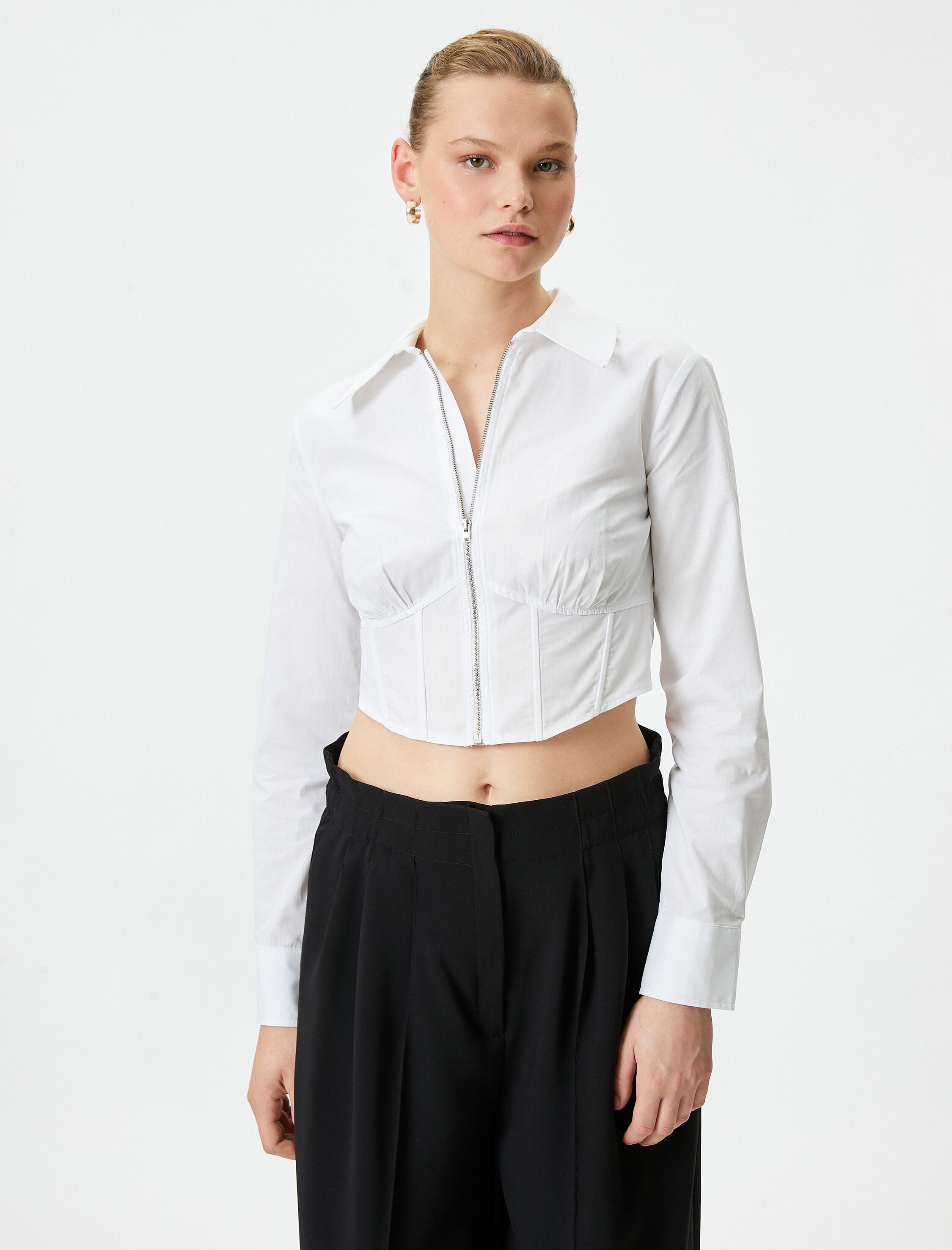   Crop Gömlek Fermuarlı Korse Detaylı Pamuklu