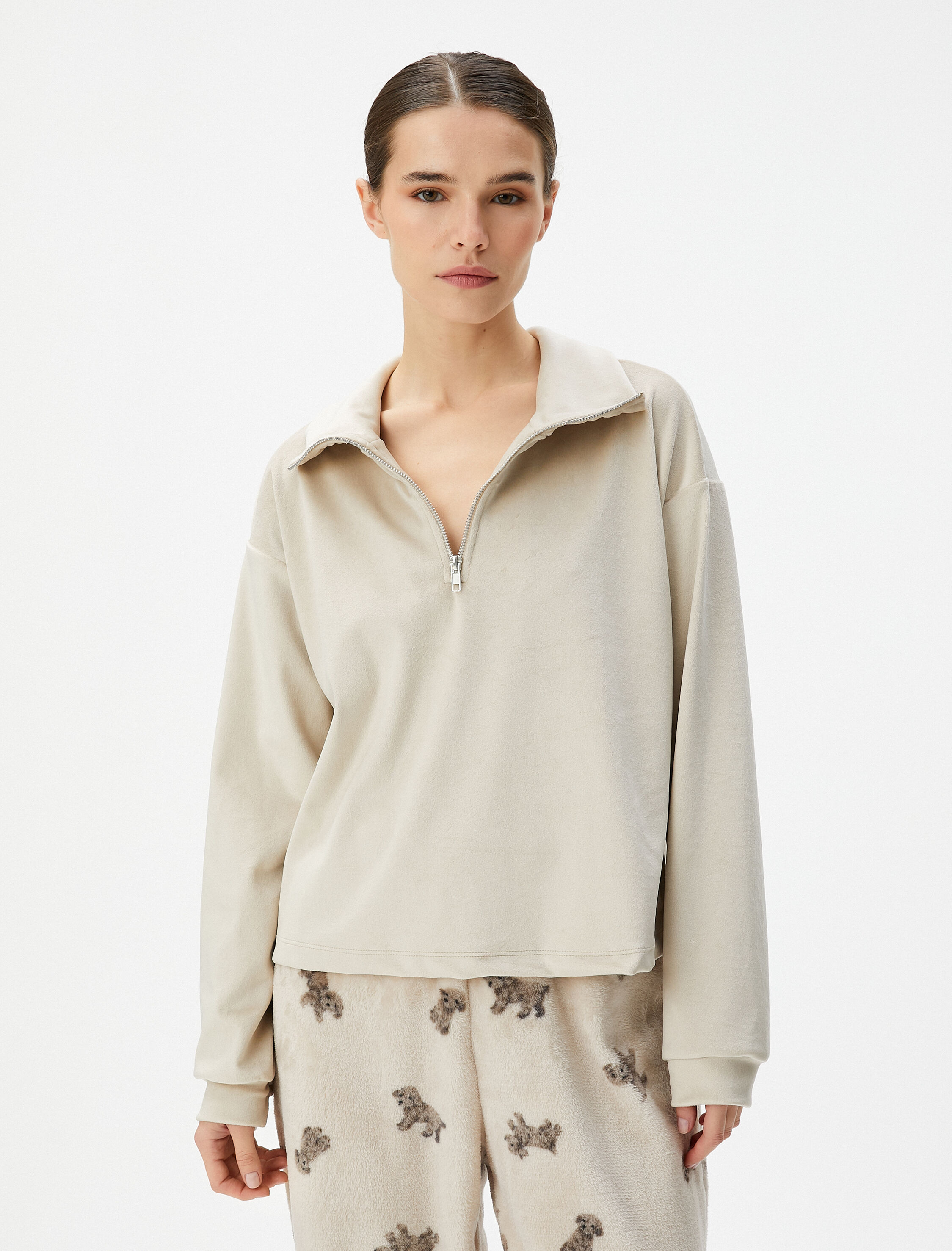   Polar Pijama Üstü Kışlık Yumuşak Dokulu Fermuarlı Polo Yaka