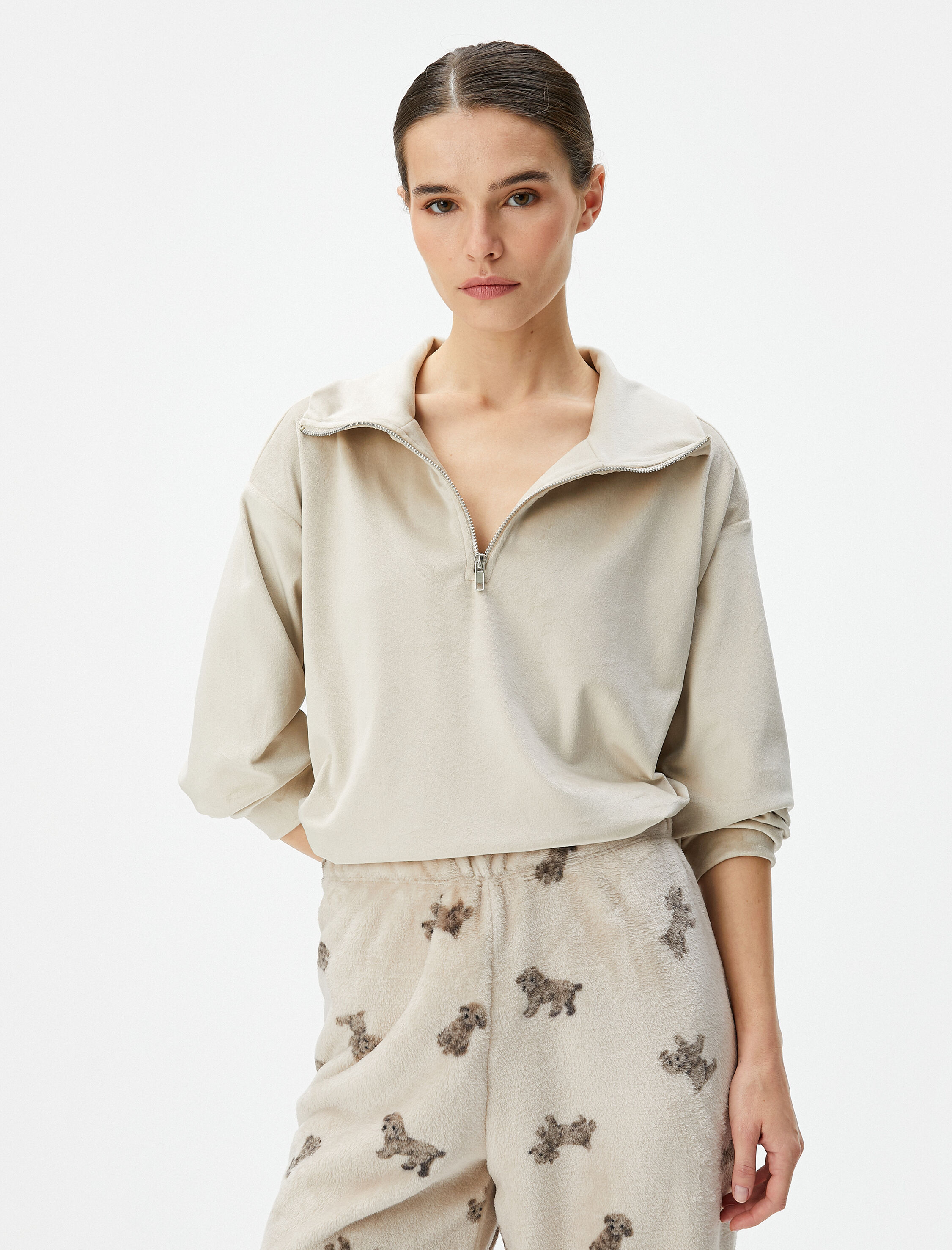   Polar Pijama Üstü Kışlık Yumuşak Dokulu Fermuarlı Polo Yaka