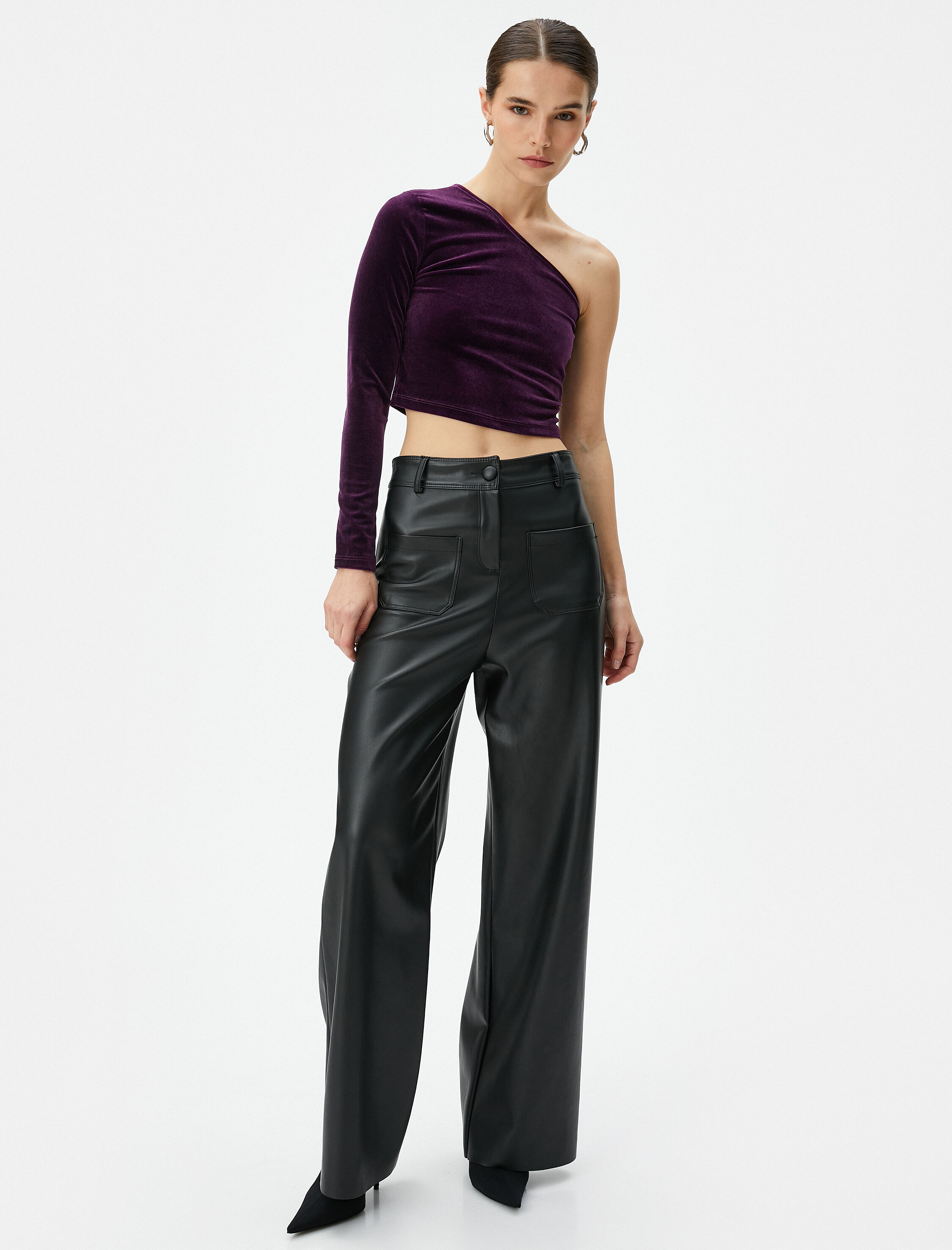   Kadife Tek Omuz Tişört Crop