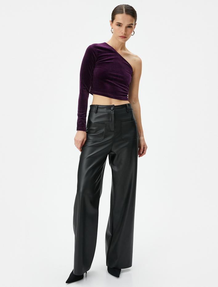  Kadife Tek Omuz Tişört Crop