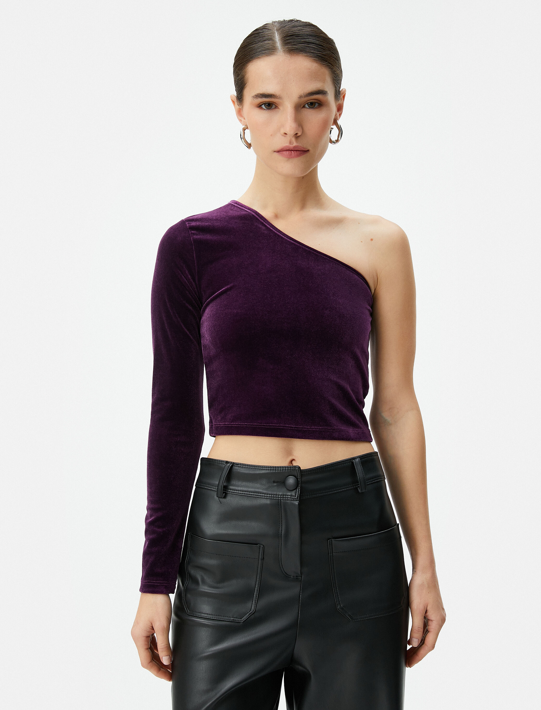   Kadife Tek Omuz Tişört Crop